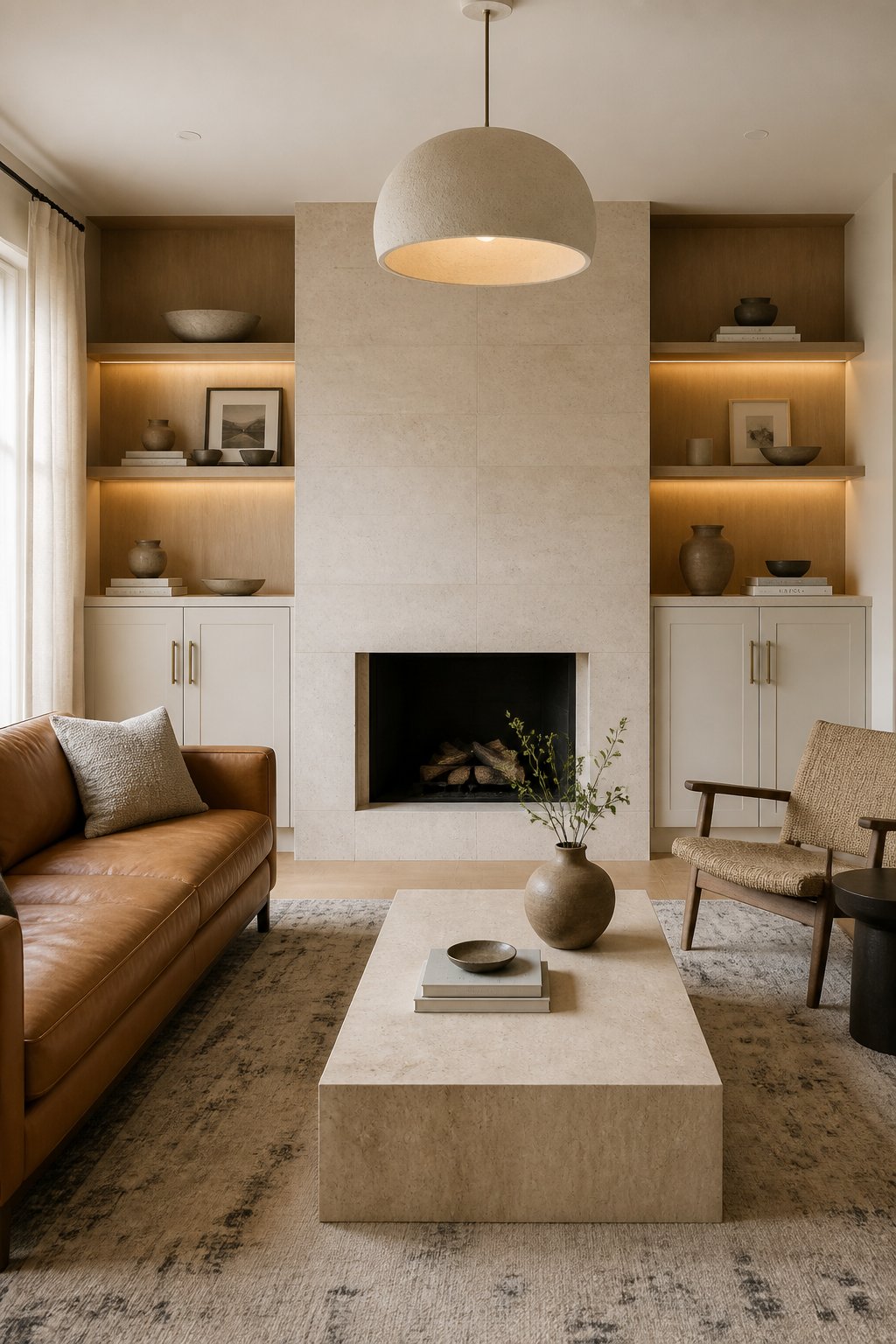 A warm beige living room with a limestone fireplace, oak shelves, a leather sofa, a woven chair, and a travertine coffee table.