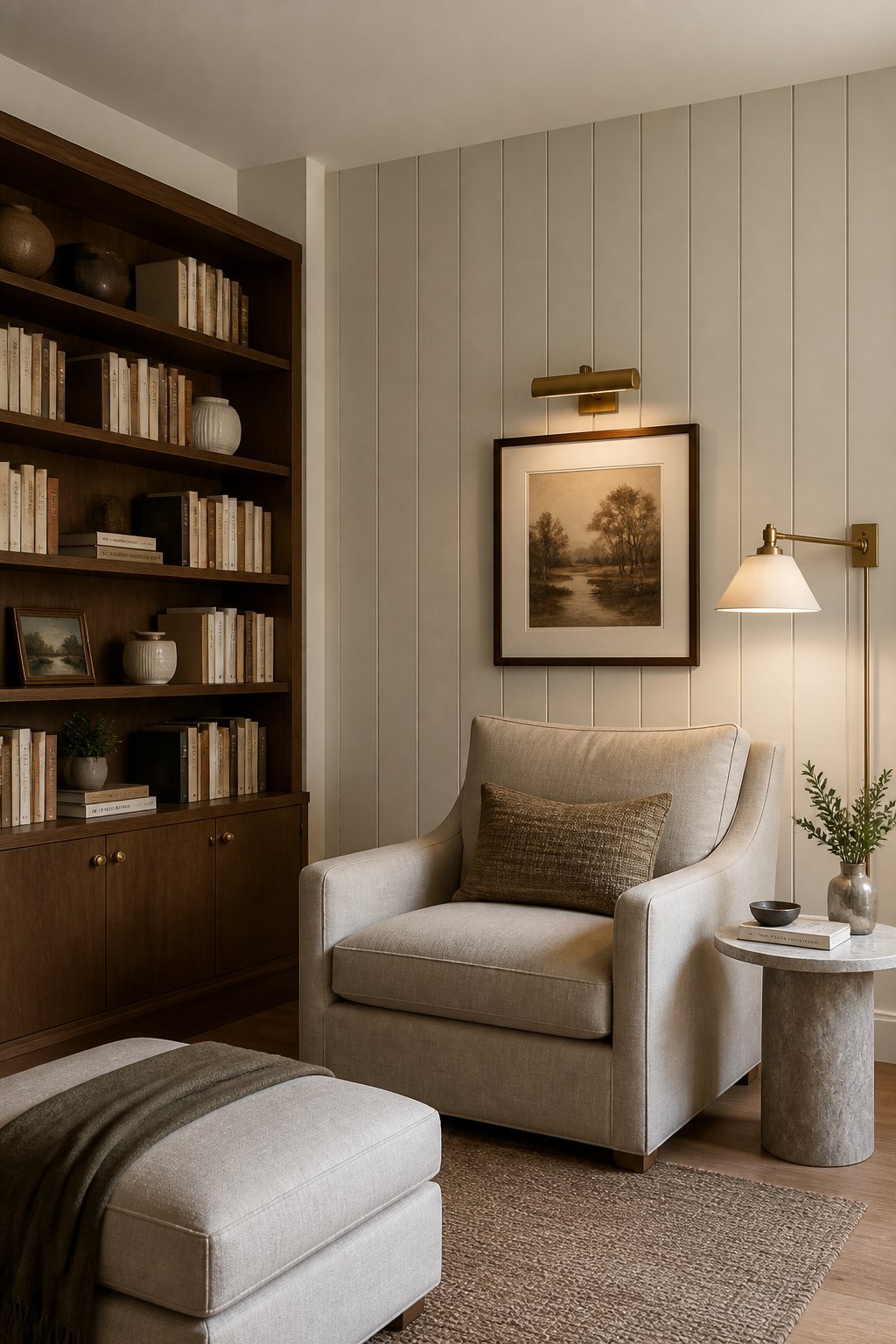 A cozy living room corner with a beige vertical paneled wall, armchair, bookcase, ottoman, side table, framed art, and warm lamps.