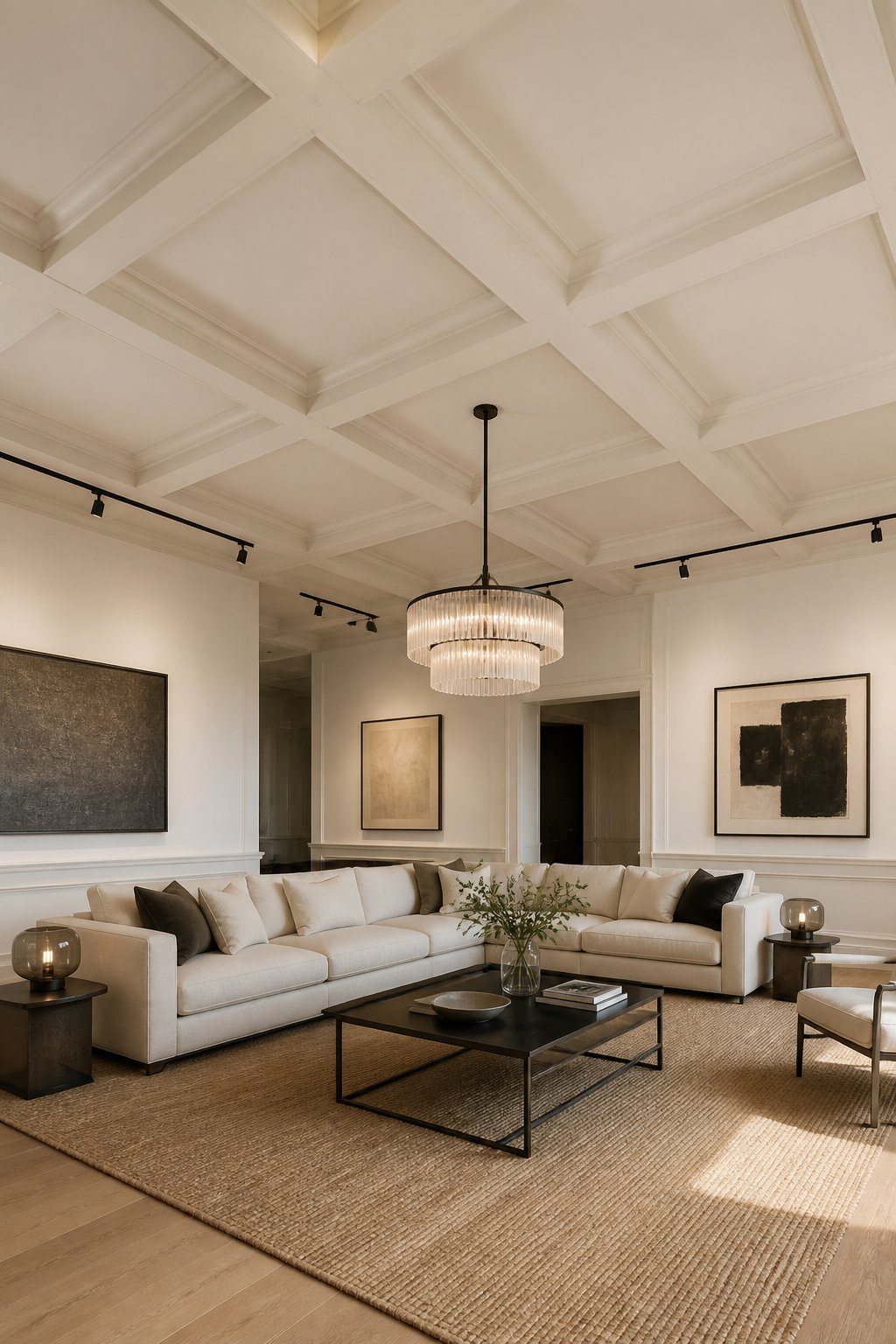 A tall city loft living room with a warm beige coffered ceiling, ivory walls, neutral seating, black furniture, glass tables, and hanging lights.