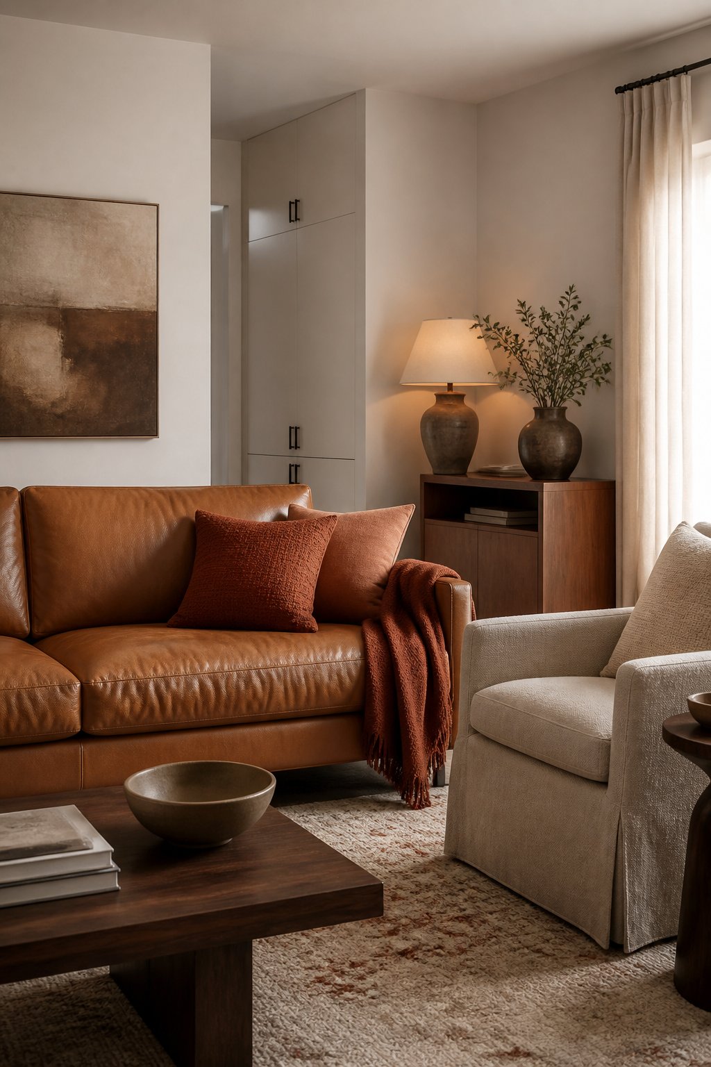 A warm living room with beige walls, a leather sofa, a linen chair, terracotta cushions, a wool throw, a wooden console, a textured rug, and a softly glowing lamp.