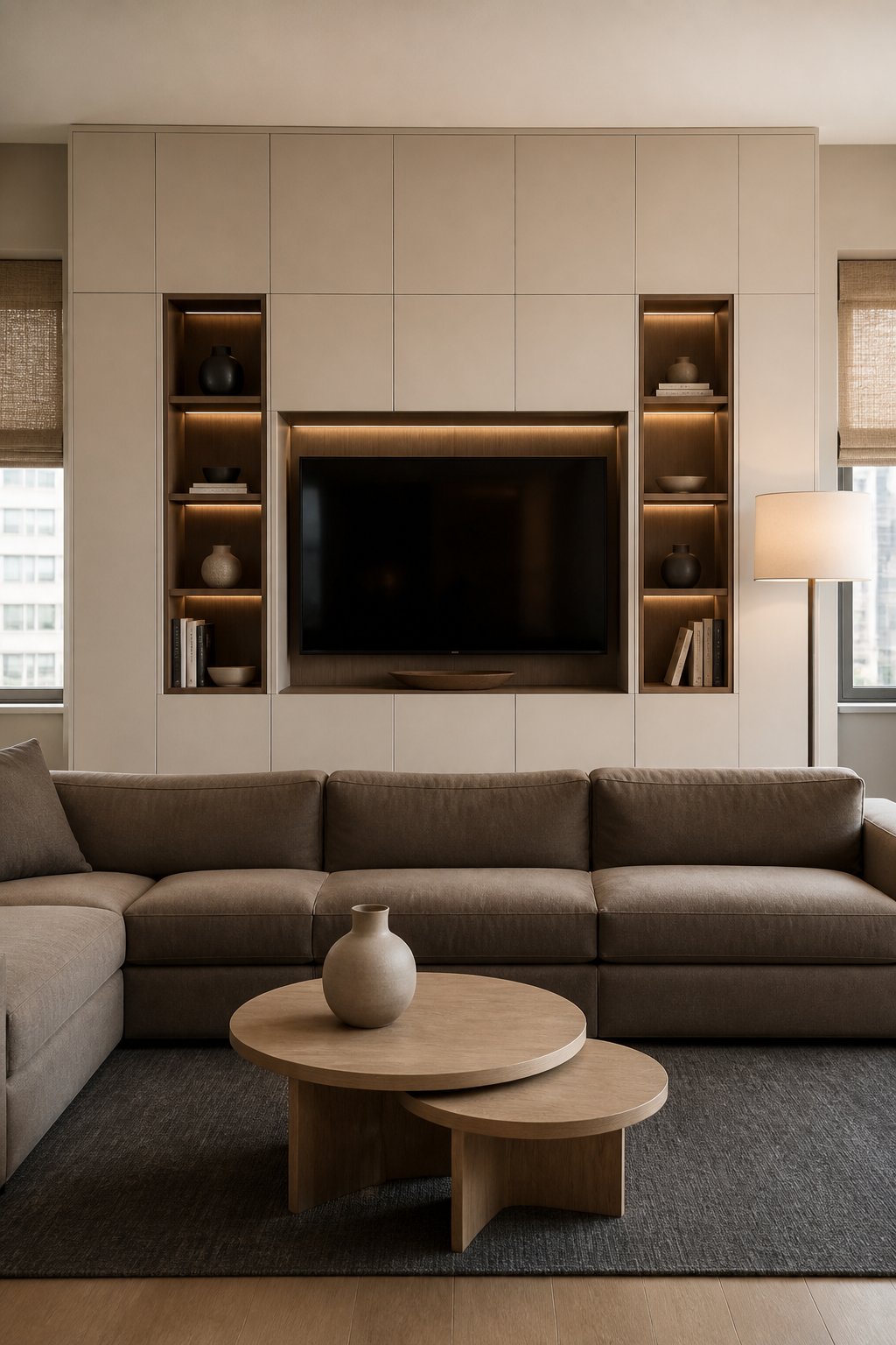 Contemporary living room with a beige built-in media cabinet, sofa, tables, rug, windows, and floor lamp.