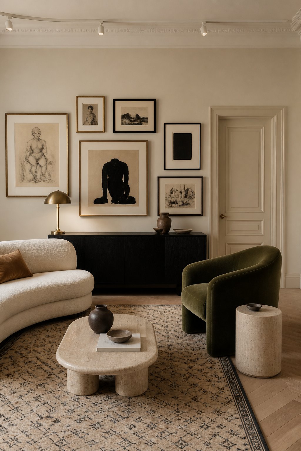 A warm beige city loft living room with a curved sofa, green chair, gallery wall, sideboard, rug, lamp, and small tables.