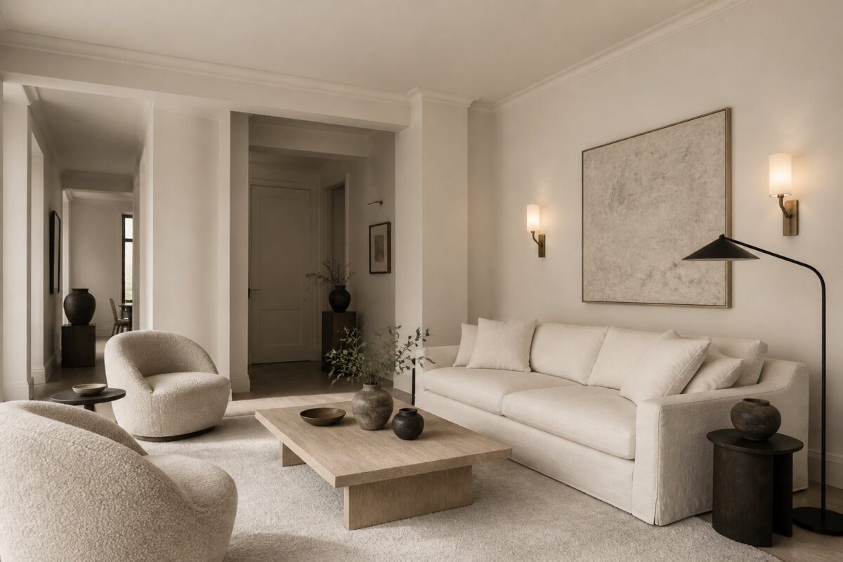 A beige city loft living room with a cream sofa, boucle chairs, a pale rug, a white oak coffee table, brass sconces, and a black floor lamp.