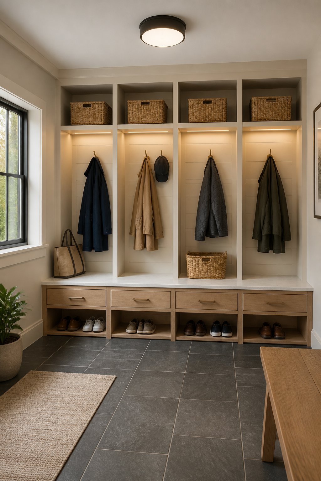 A bright mudroom with a full wall of storage lockers, oak benches, baskets, hooks, and neatly organized shoes.