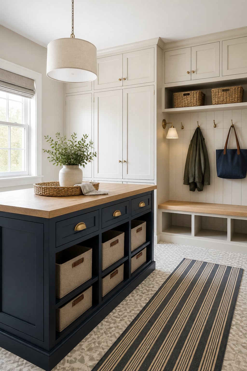A bright mudroom with beige walls, navy cabinets, a central island, a wooden bench, patterned tile flooring, and warm lighting.