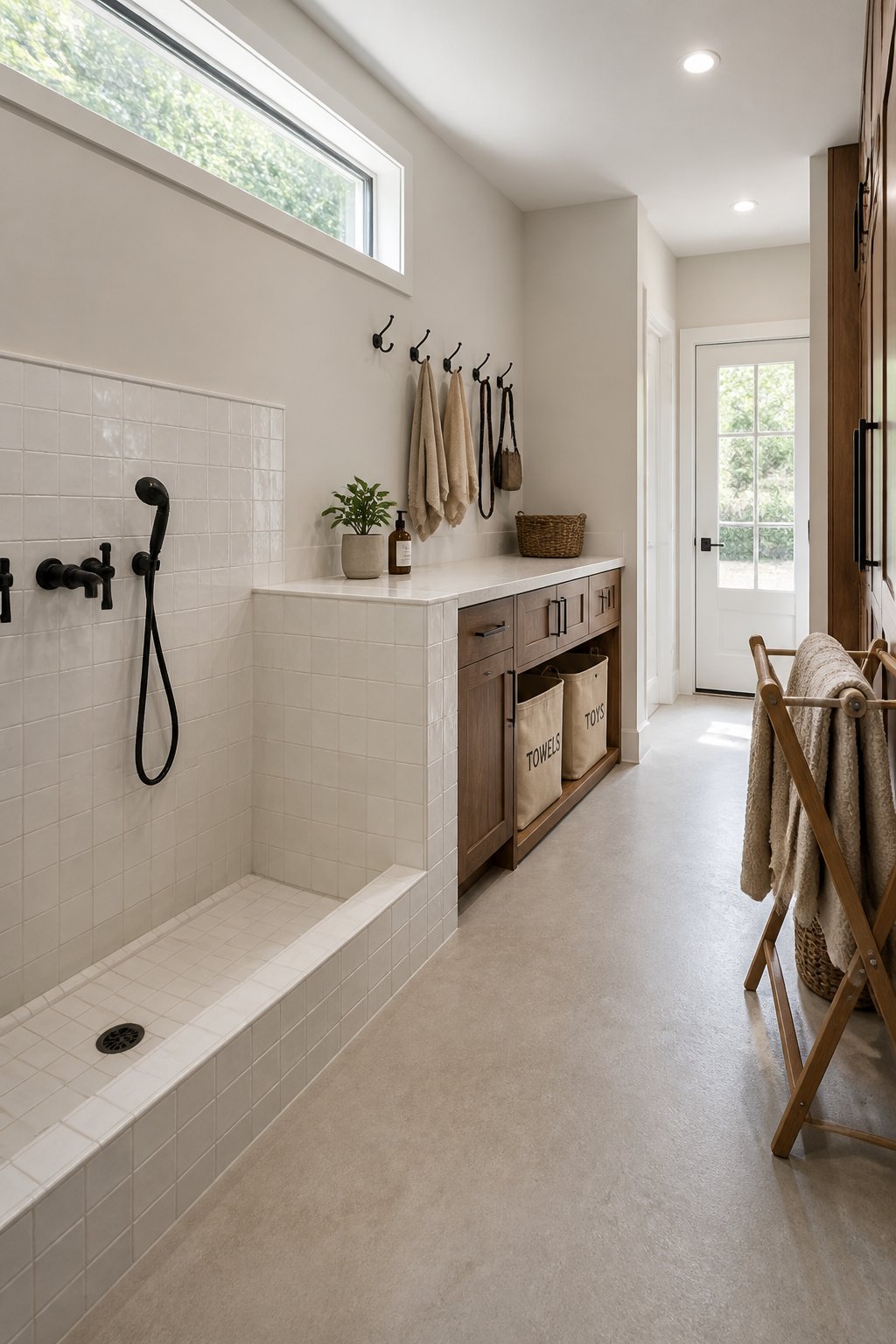 A bright city loft mudroom with a dog-wash basin, tiled backsplash, walnut cabinet, folding counter, hooks, hampers, and a teak drying rack.