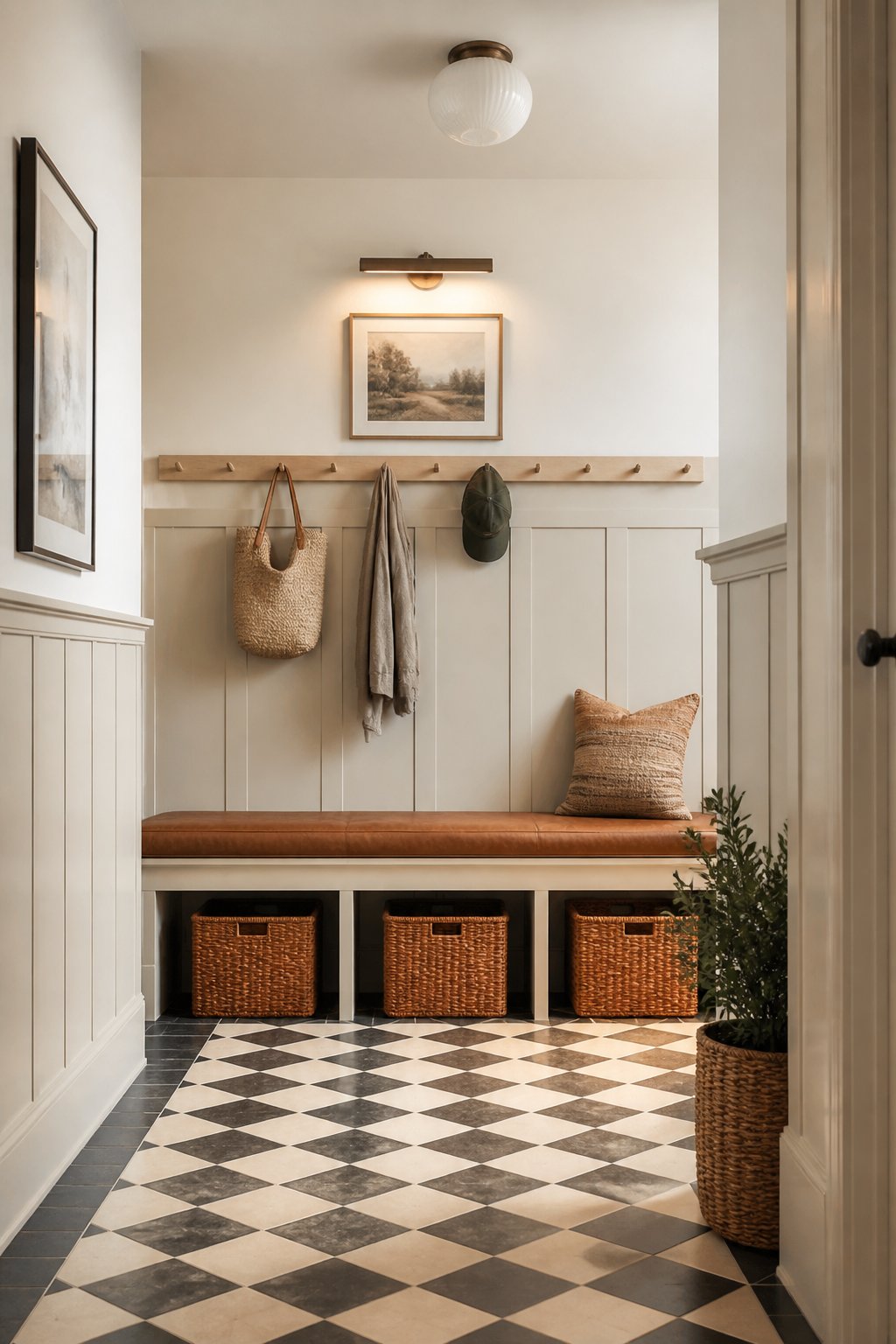 A compact entryway with beige paneled walls, a bench with a leather cushion, wall hooks, baskets, and a checkerboard tile floor.