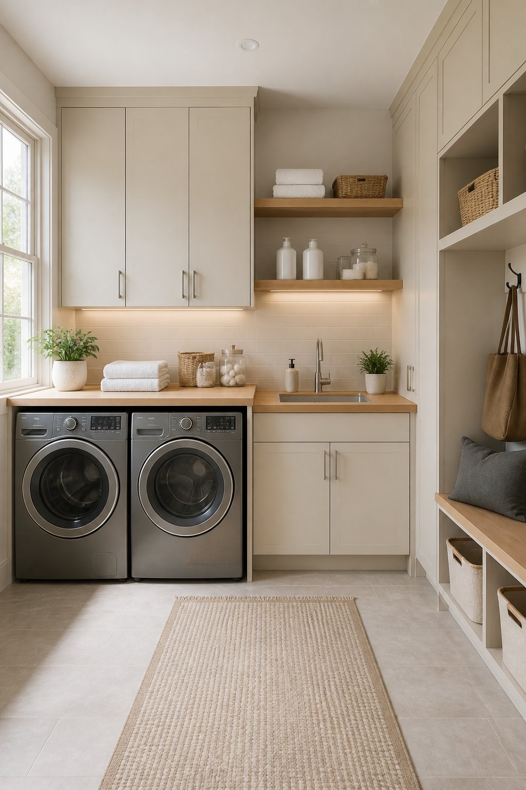 A bright, organized beige laundry mudroom with a washer and dryer, wood counter, sink, shelves, hampers, and tiled floor.