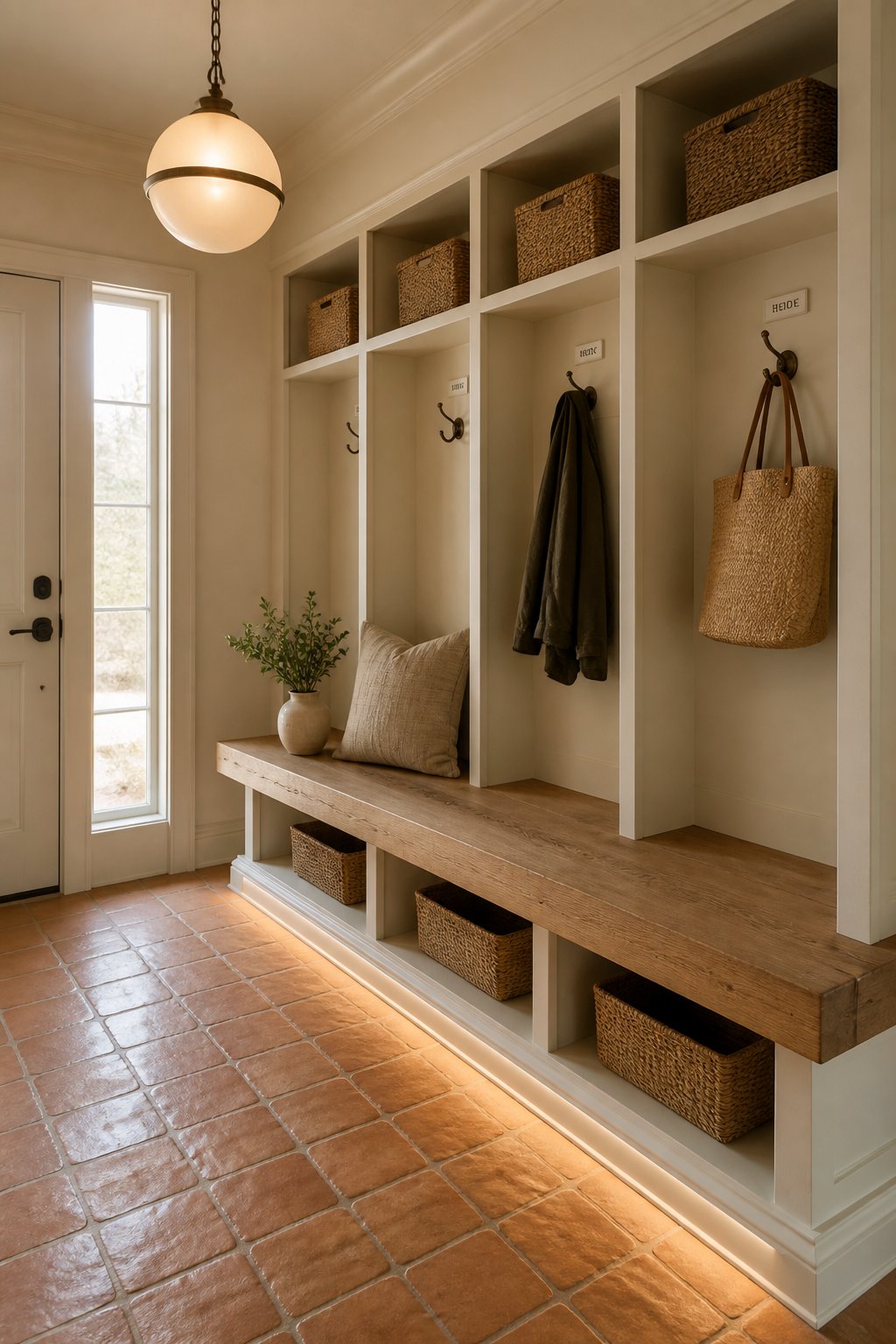 A beige mudroom with a built-in oak bench, terracotta tile floor, storage cubbies, baskets, hooks, and warm lighting.