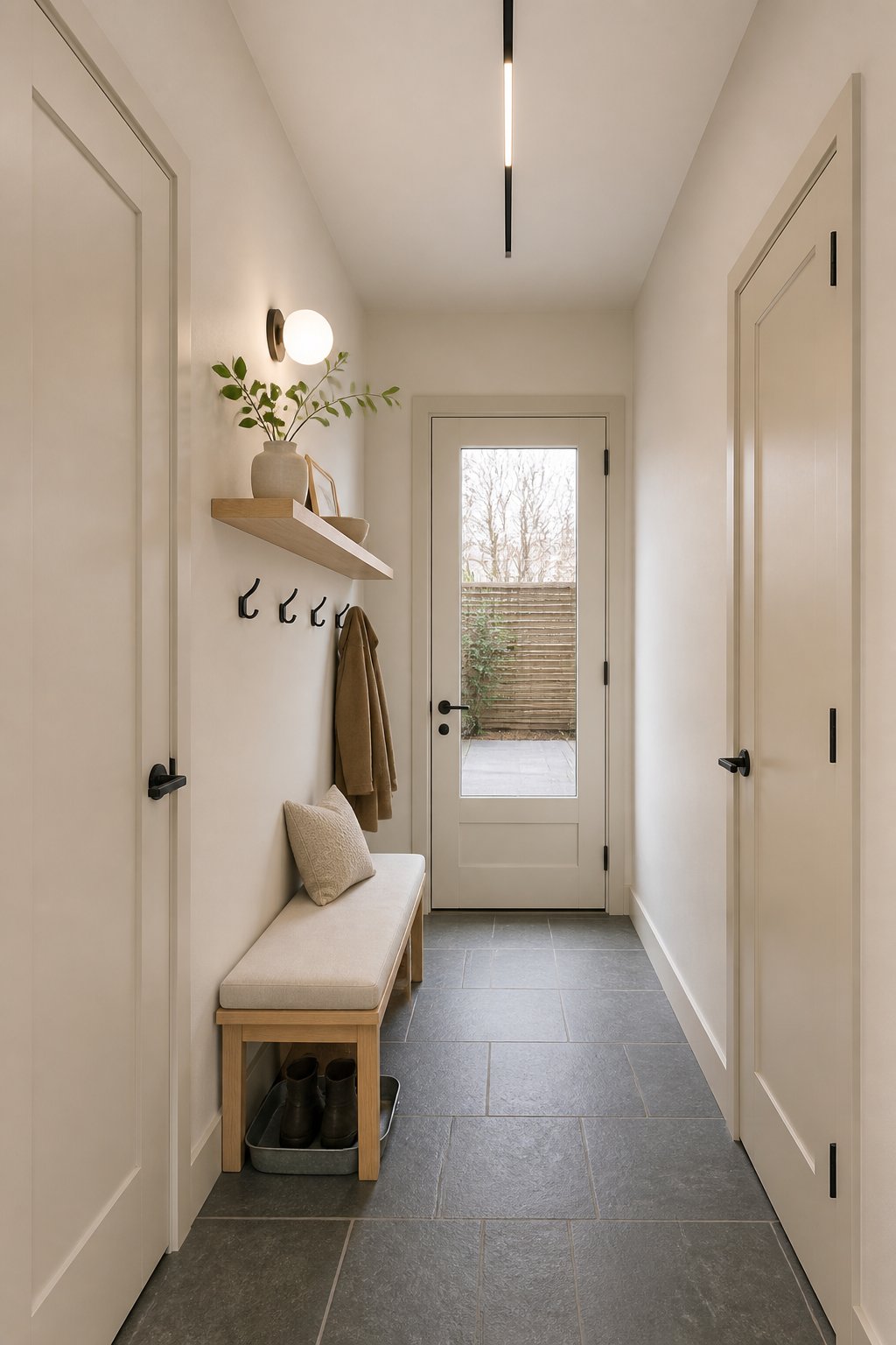A narrow beige back entry with black coat hooks, a wooden bench, a floating shelf, dark tile flooring, and a glazed door.