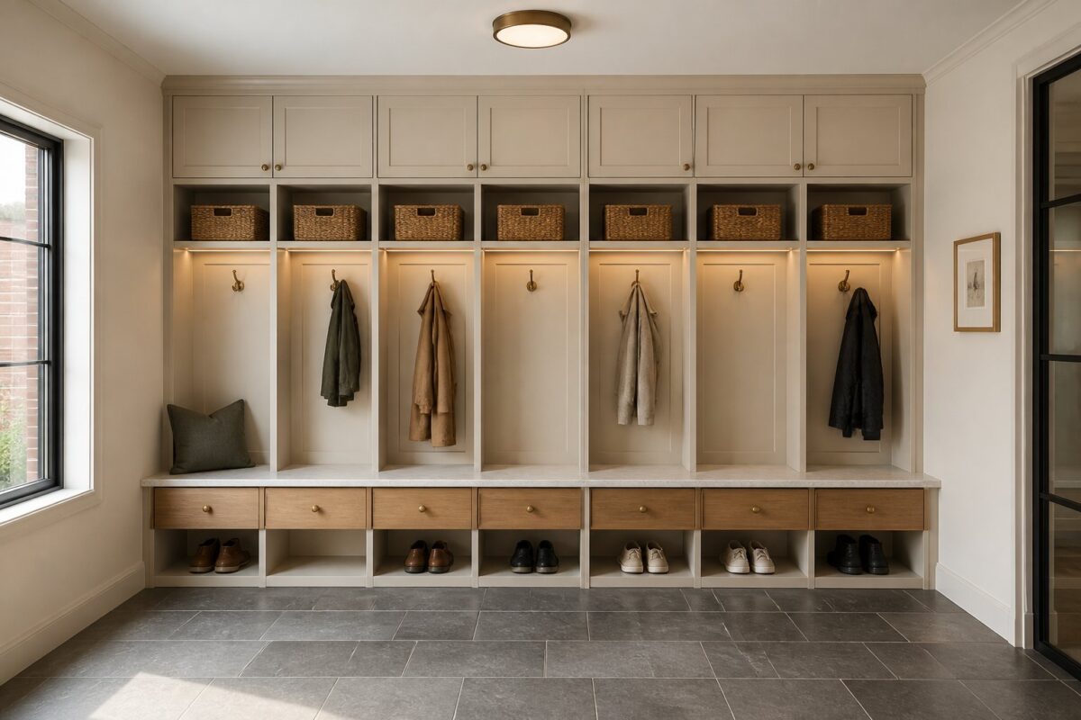 A bright mudroom with a full wall of beige lockers, oak benches, woven baskets, brass hooks, and a slate-look tile floor.