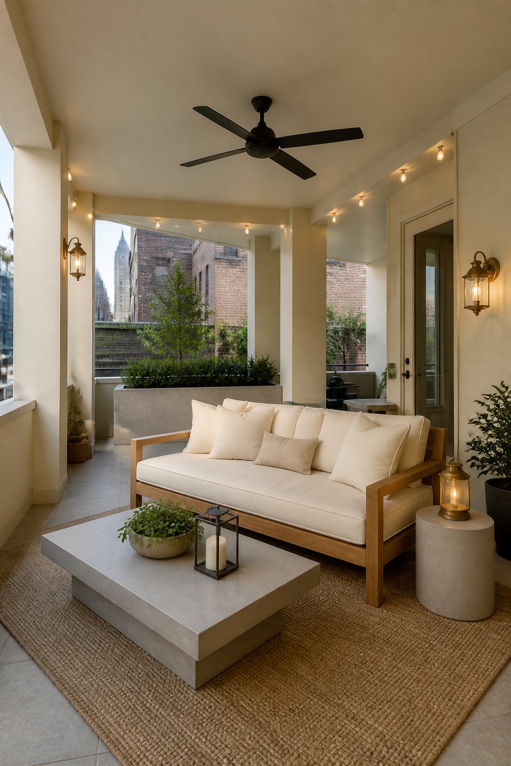 Covered patio lounge with a teak sofa, cream cushions, a concrete coffee table, woven rug, ceiling fan, lanterns, and string lights.