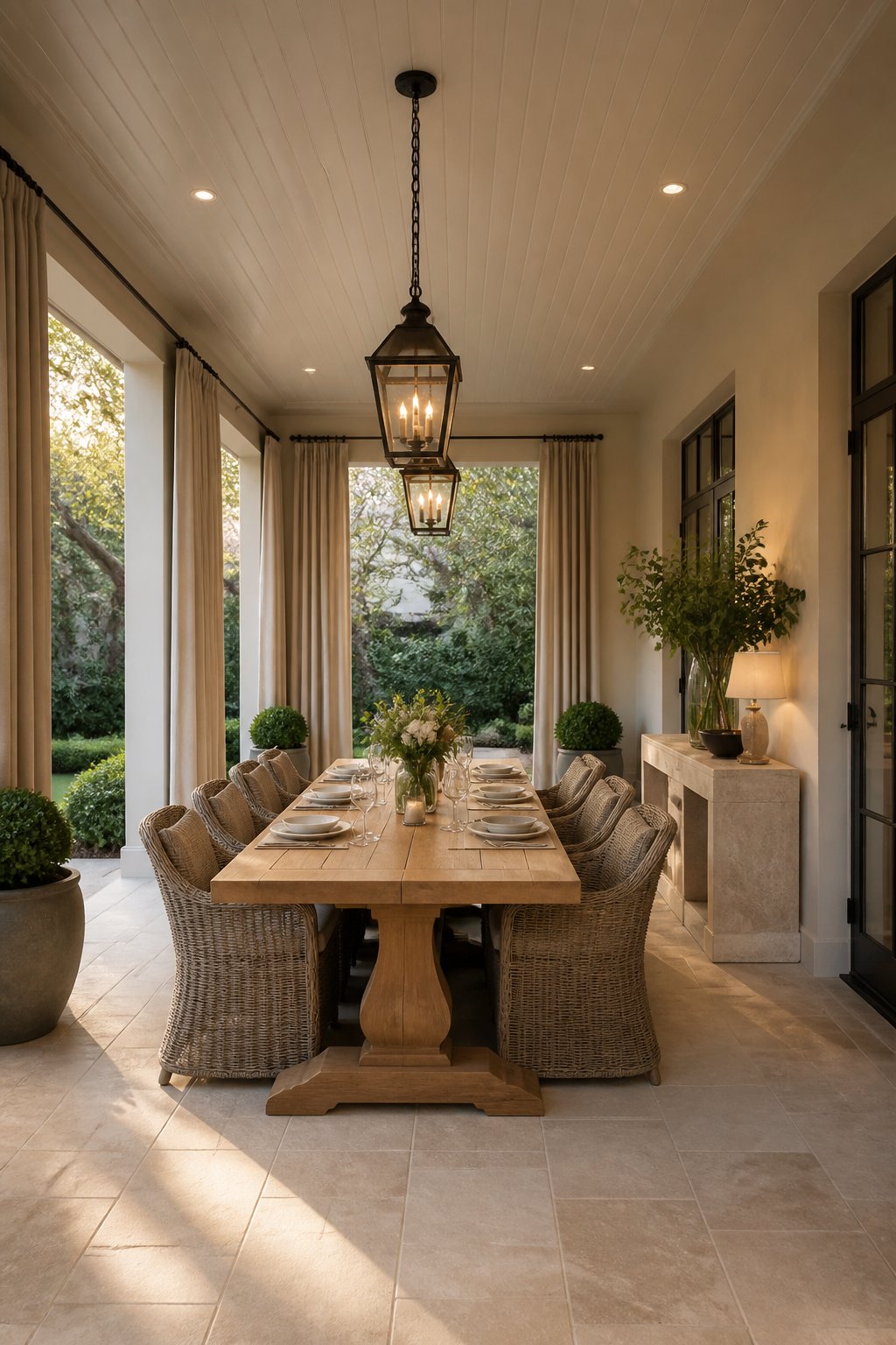 Covered outdoor dining room with a teak table, woven chairs, French doors, curtains, and warm lighting.