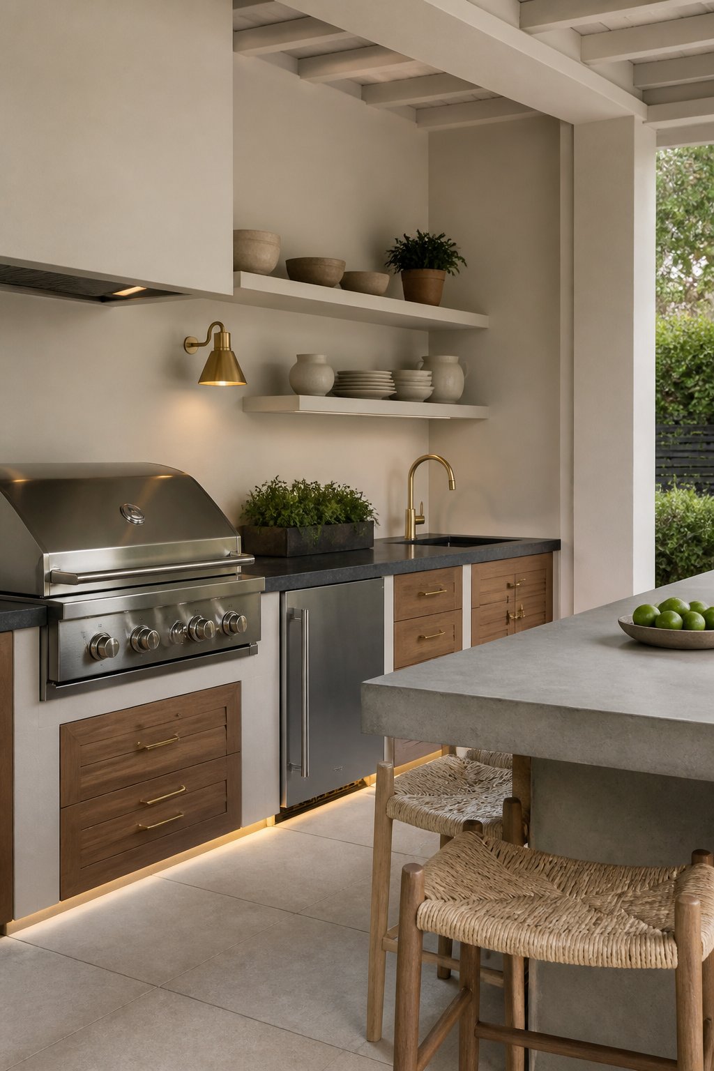 A covered outdoor patio kitchen with beige cabinets, stainless appliances, open shelves, a concrete counter, and woven stools.