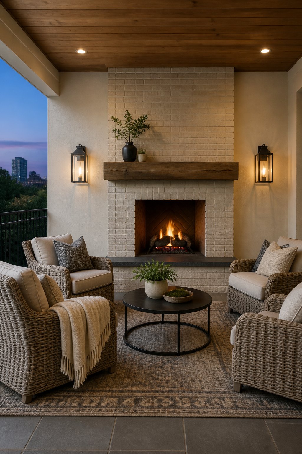 A covered patio with a glowing fireplace, wicker lounge chairs, a small round table, and a patterned rug beneath a cedar ceiling.