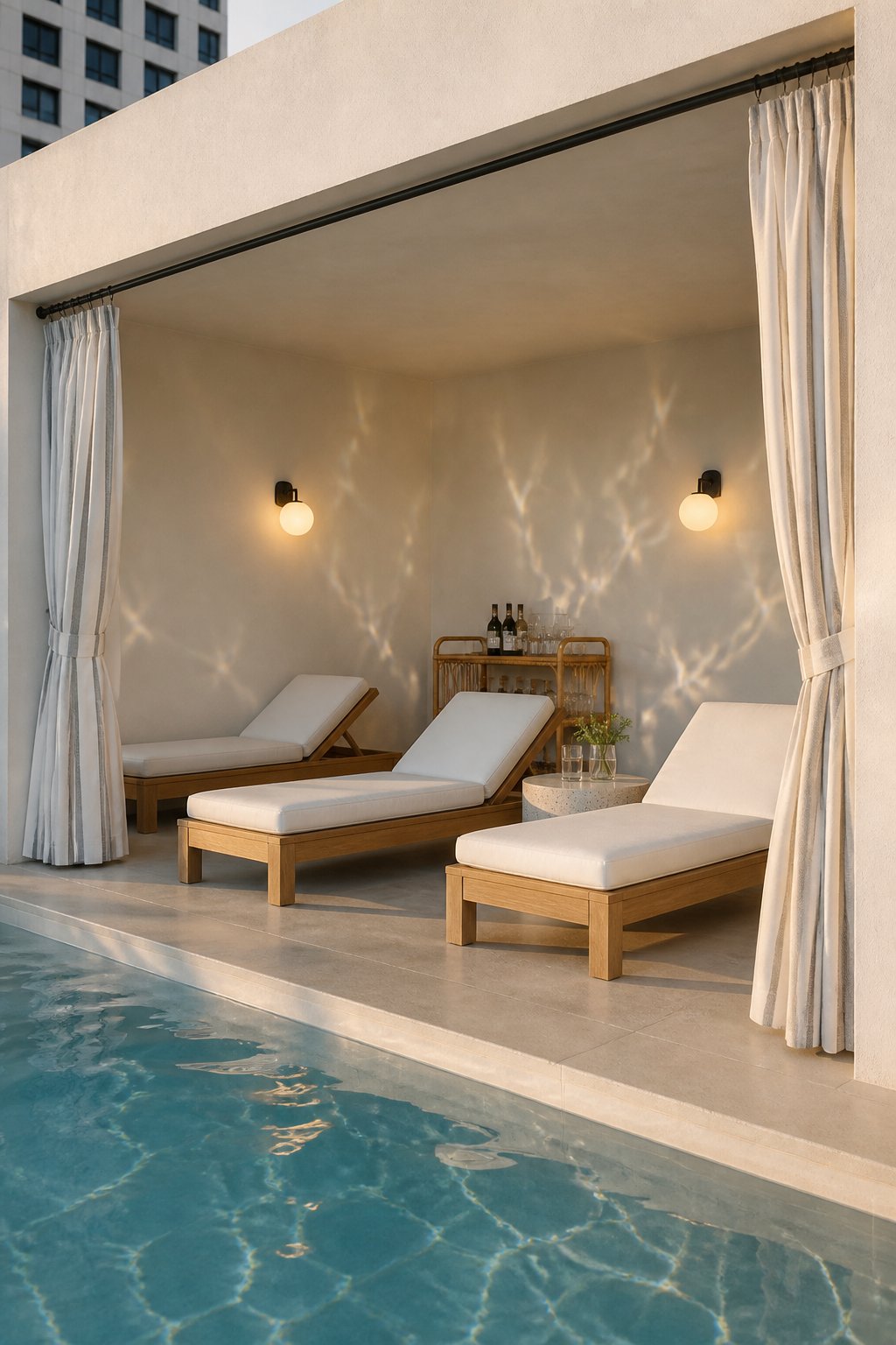 A covered beige poolside cabana with teak lounge chairs, white cushions, outdoor curtains, a bar cart, and warm wall lights beside a reflective swimming pool.