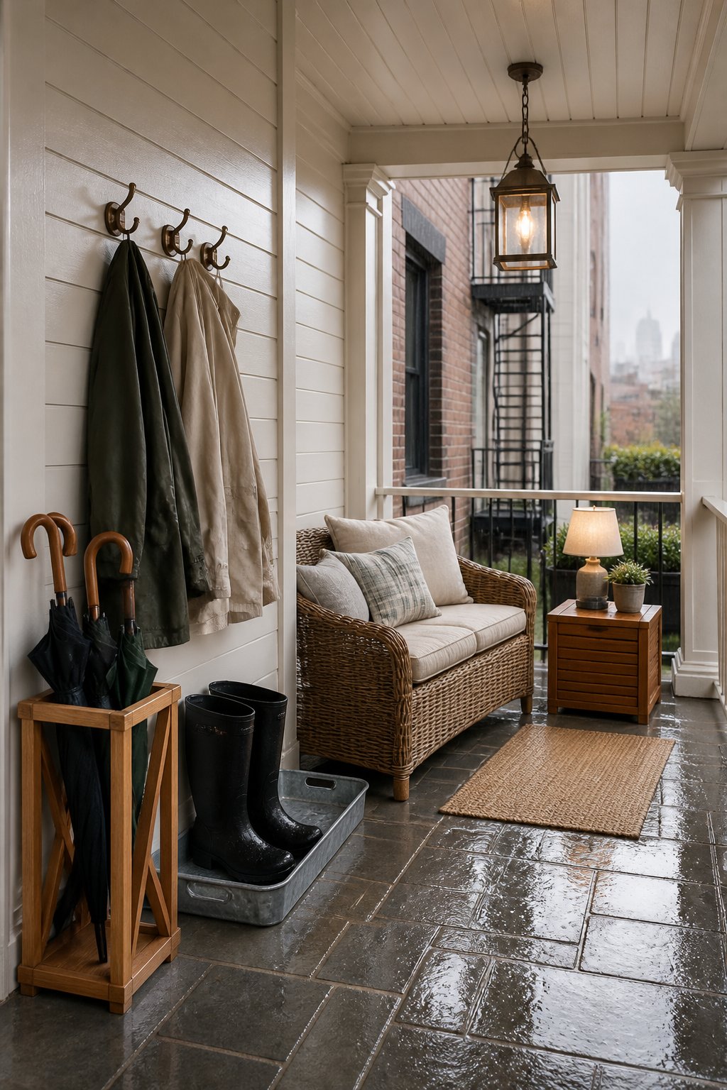 A cozy covered porch with beige walls, rainy wet flooring, wicker seating, rain gear, umbrellas, and warm lamps.