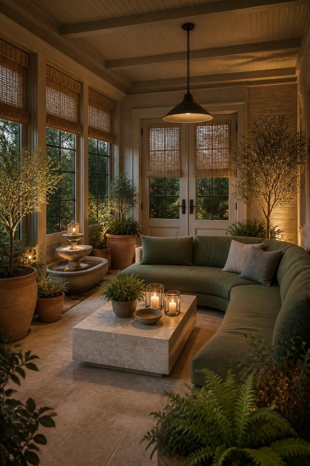 A covered beige garden patio with a curved sofa, limestone table, potted plants, a fountain, and warm evening lights.