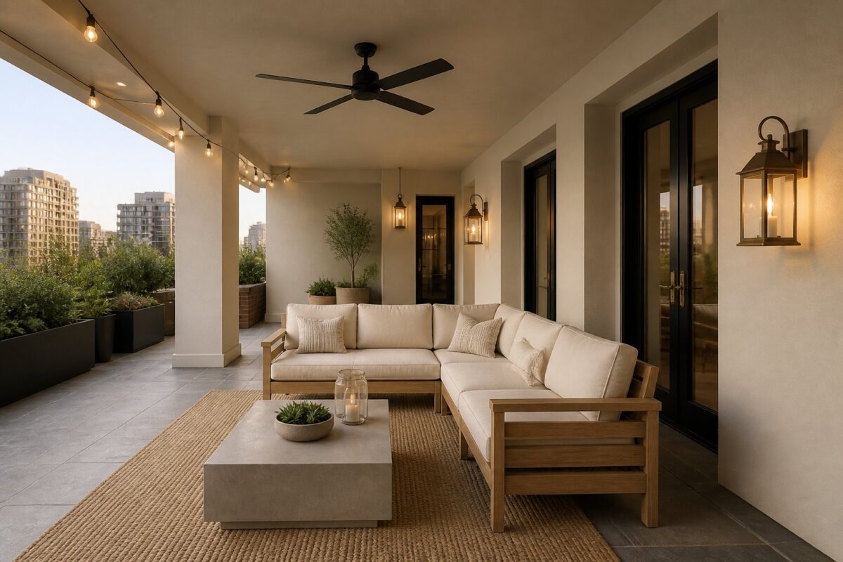 A covered outdoor patio lounge with beige walls, a teak sofa, a concrete coffee table, warm lights, and a ceiling fan.