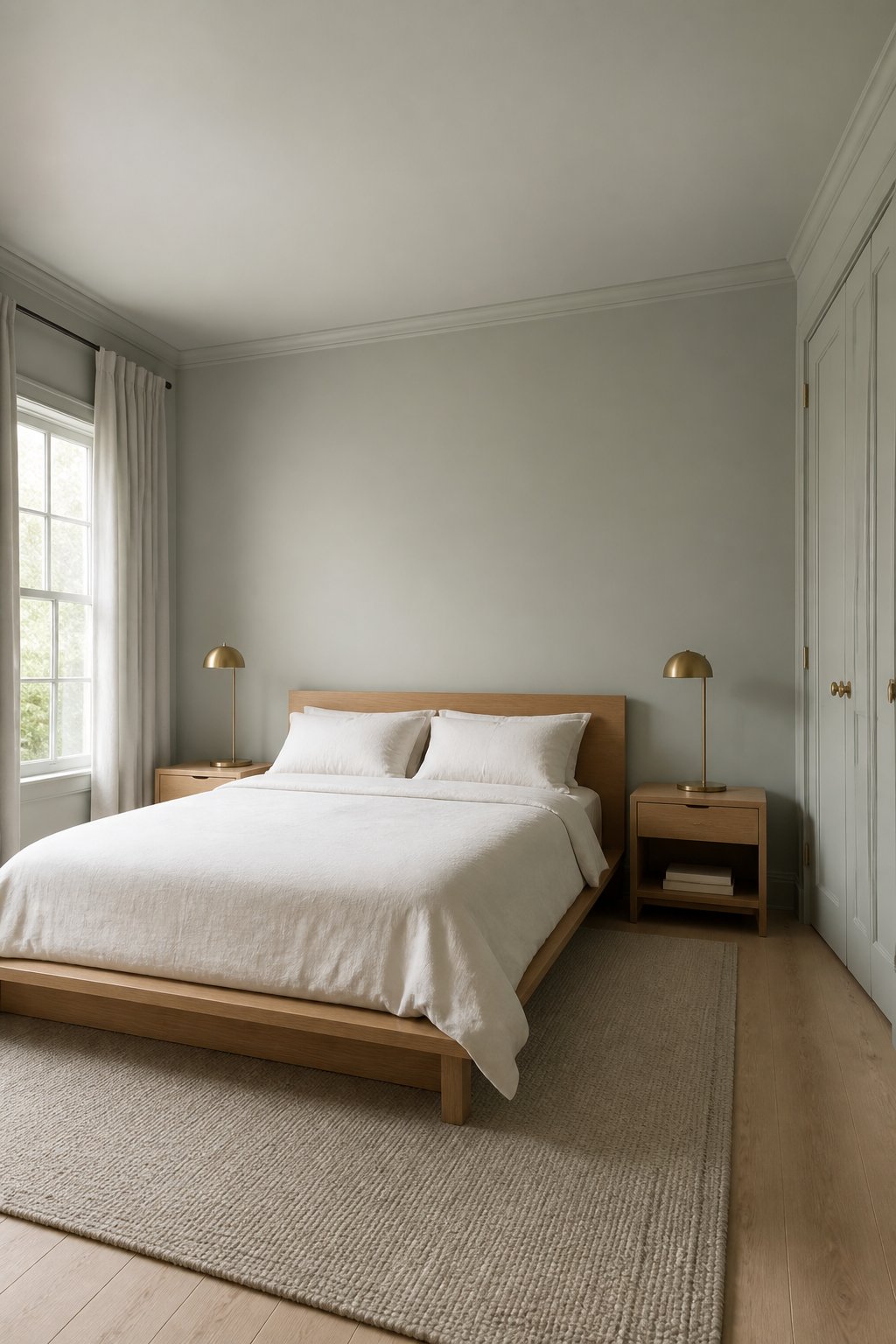 A serene gray-green bedroom with a low oak bed, white bedding, brass lamps, and pale curtains lit by soft morning light.