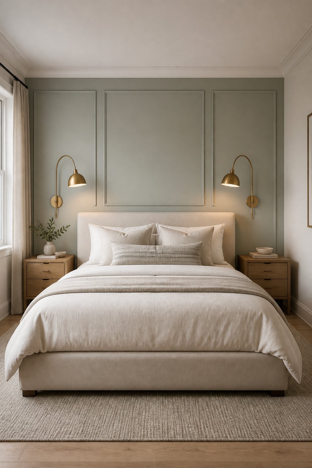 A modern bedroom with a cream bed against a muted gray-green paneled wall, flanked by wood nightstands and brass wall sconces.