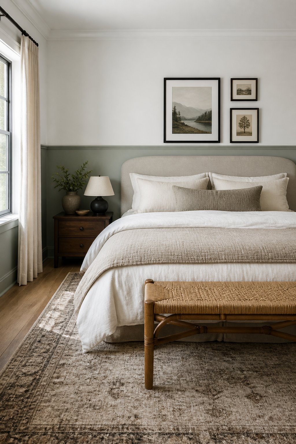 A transitional bedroom with a gray-green lower wall, white upper wall, layered bed, cane bench, vintage runner rug, and black-framed artwork.