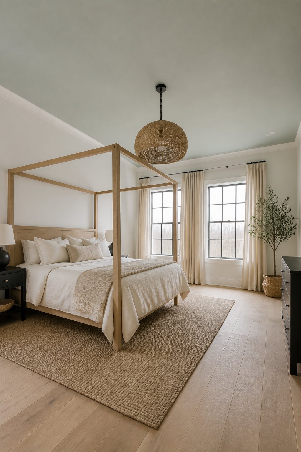 An airy bedroom with a muted gray-green ceiling, soft white walls, a four-poster bed, oak flooring, and daylight from two windows.