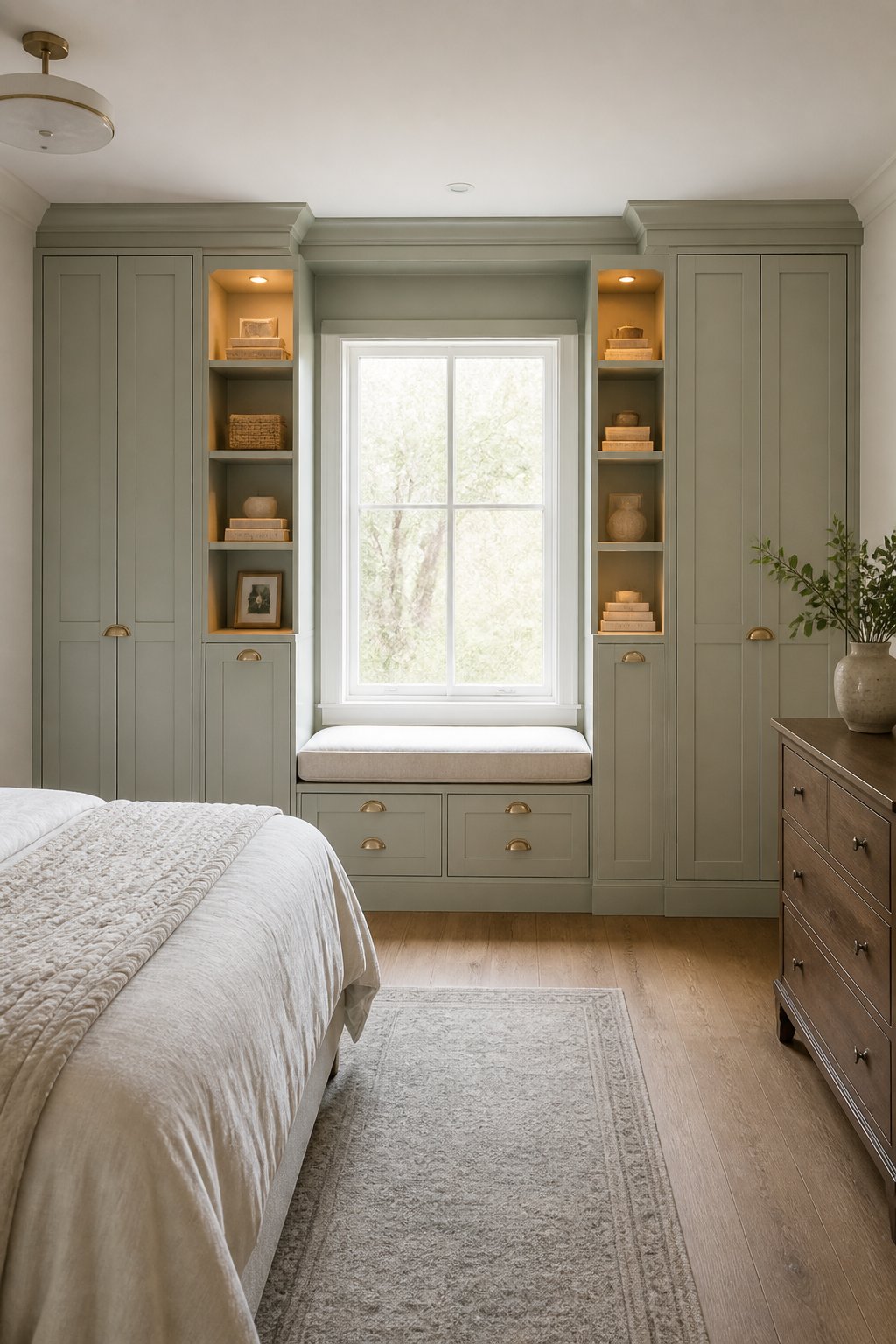 A bedroom with gray-green built-in wardrobes, open shelves, and a window seat beneath a central window.