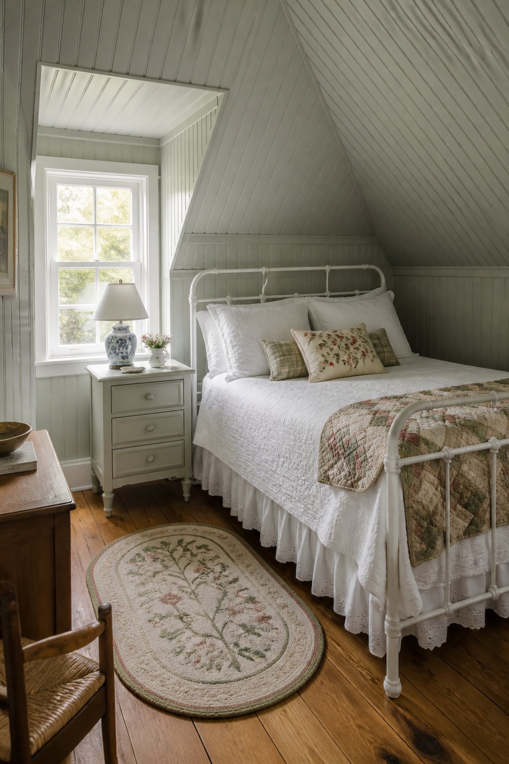 A cozy attic guest bedroom with gray-green beadboard walls and sloped ceilings, a white iron bed, a nightstand with a lamp, and a small rug on wood floors.