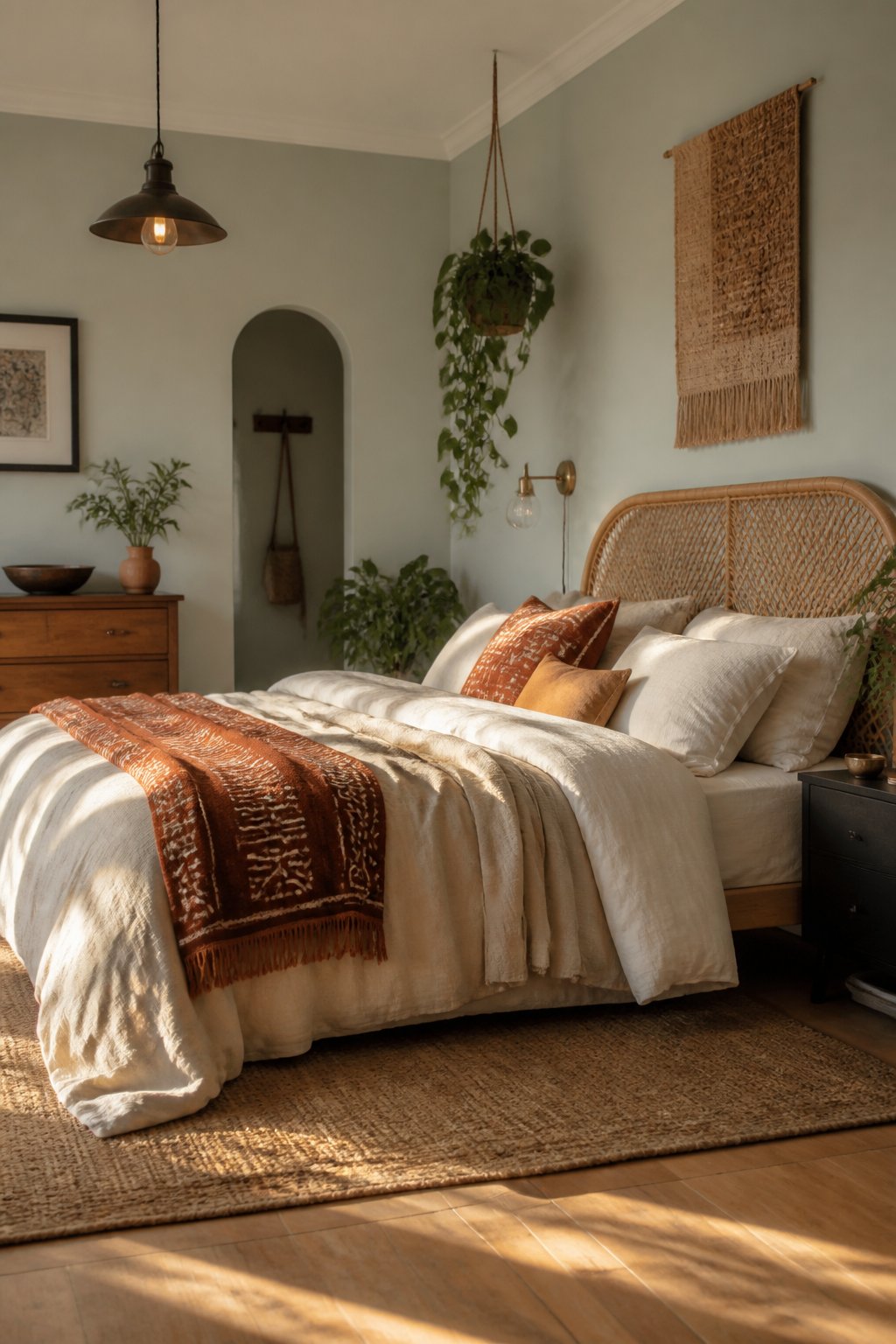 A sunlit bohemian bedroom with a gray-green wall, cream bedding, warm rust textiles, plants, woven decorations, and natural wood furnishings.