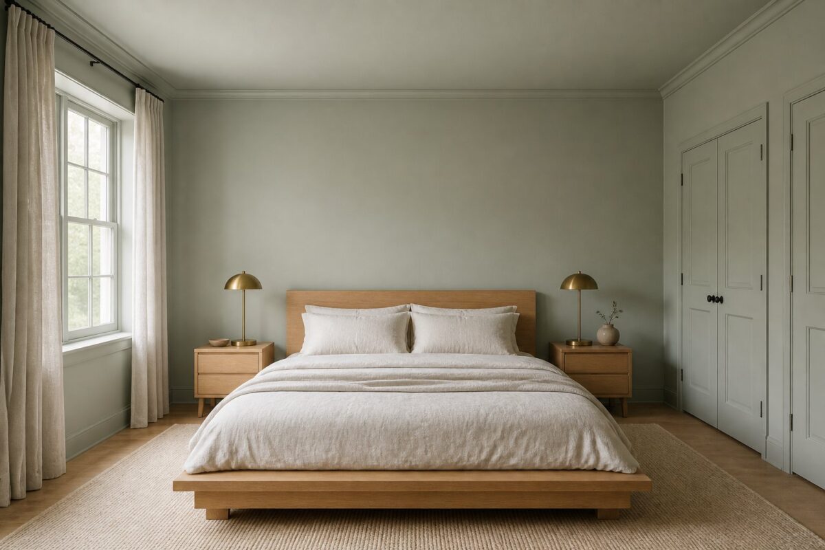 A serene bedroom with gray-green walls, a low oak bed, warm white bedding, brass lamps, and pale curtains illuminated by soft morning light.