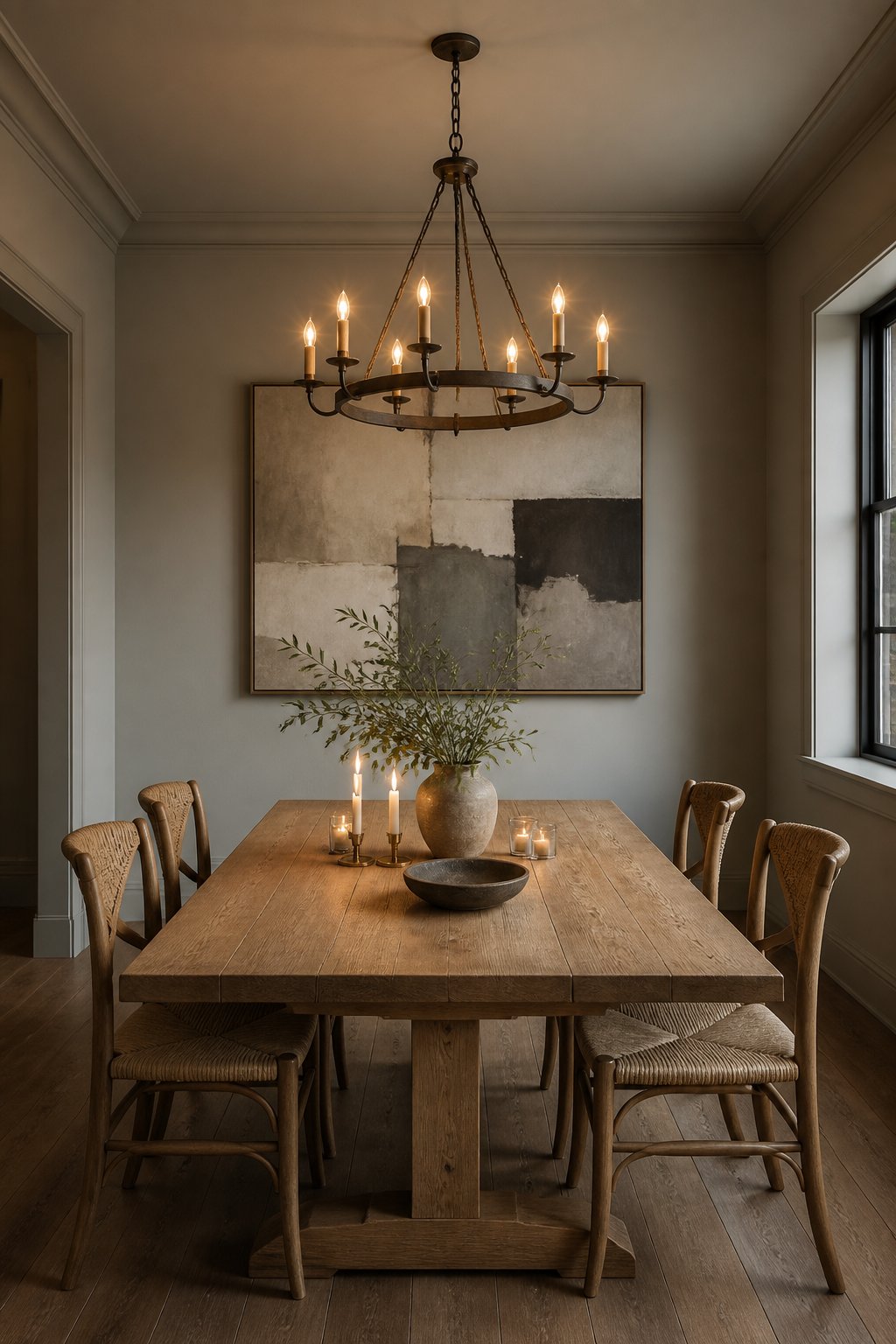 An intimate dining room with muted gray-green walls, an oak table, woven chairs, a warm chandelier, candles, and an abstract painting.