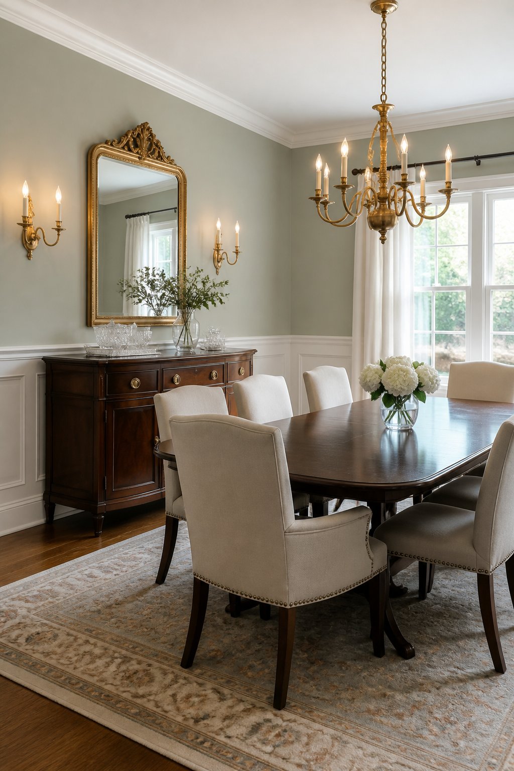Traditional dining room with white paneled wainscoting, muted gray-green walls, a dark wood table, a sideboard with a gilt mirror, brass sconces, and a chandelier.
