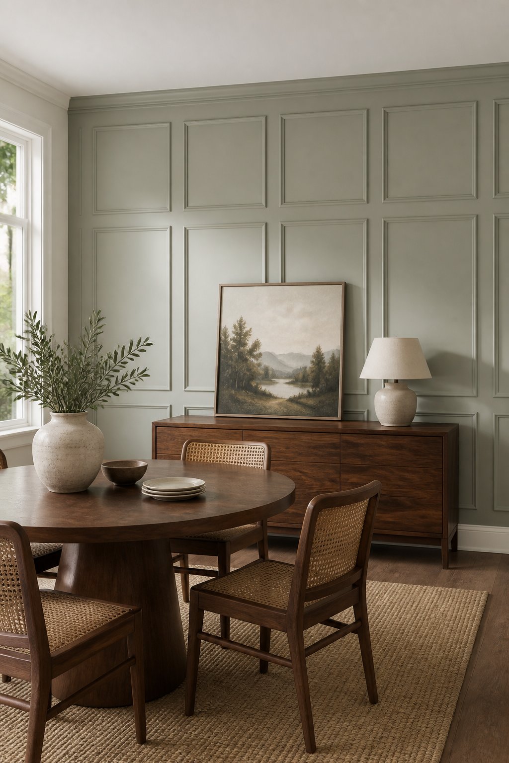 A bright dining room with a gray-green paneled feature wall, walnut console, leaning landscape painting, ceramic lamp, round dining table, and cane chairs.