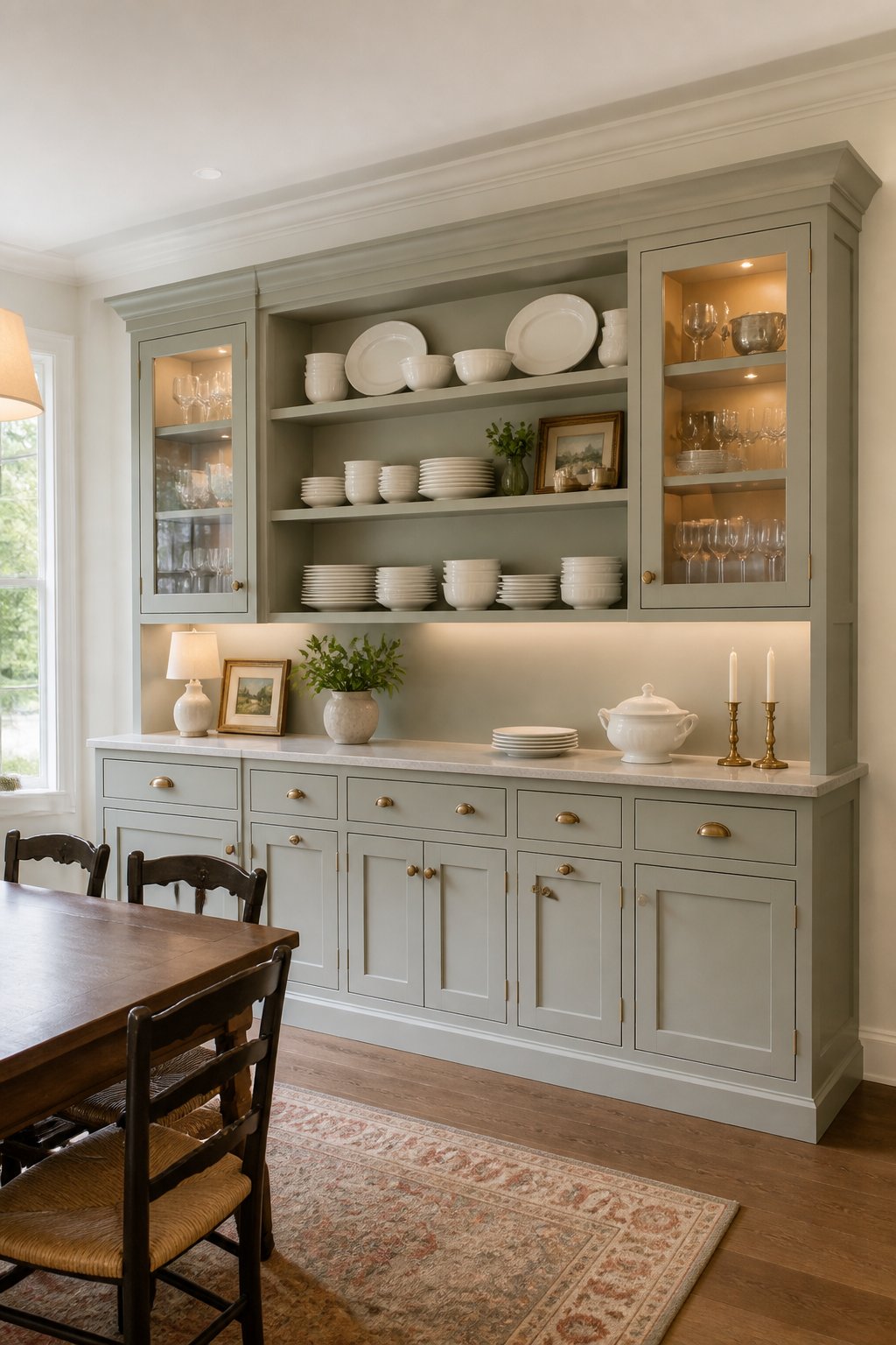 A dining room with a full wall of gray-green built-in buffet cabinets displaying dishes and glassware.