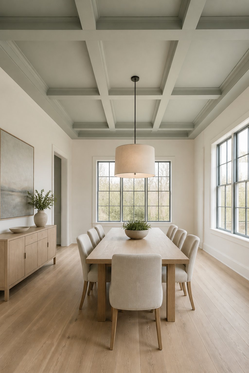 A formal dining room with white walls, a muted gray-green coffered ceiling, a linen pendant light, a light wood table, cream chairs, and a simple sideboard.