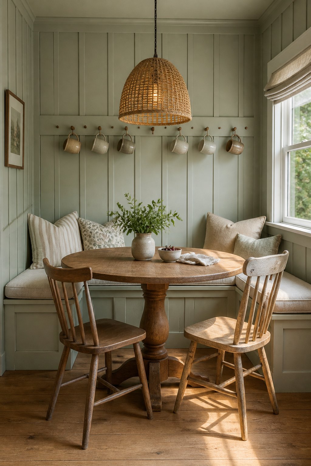 A cozy cottage dining nook with gray-green paneled walls, a round table, a built-in bench, wooden chairs, hanging mugs, and a woven pendant light.
