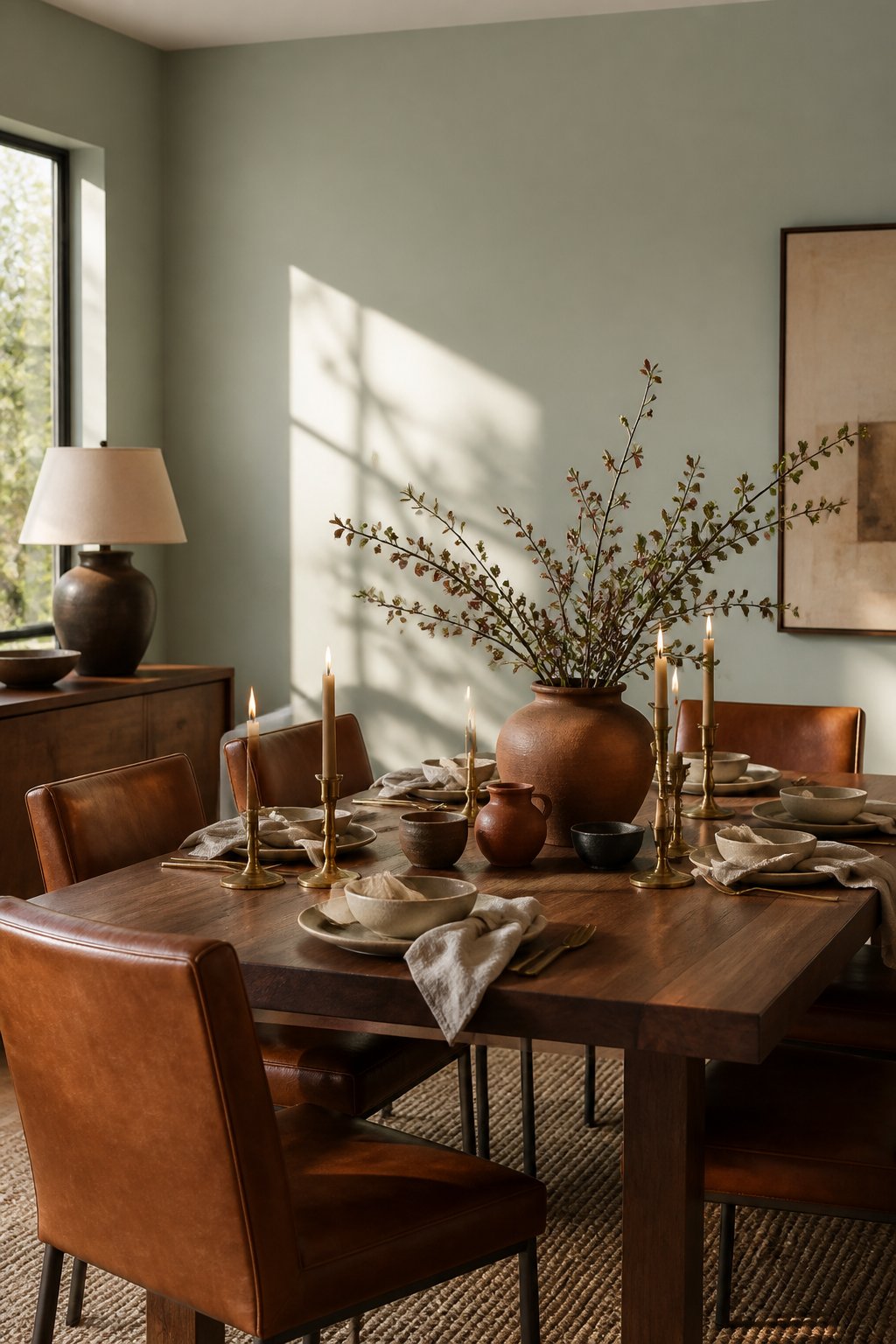 A warm dining room with sage green walls, a walnut table, leather chairs, pottery, candles, and sunlight casting soft shadows.