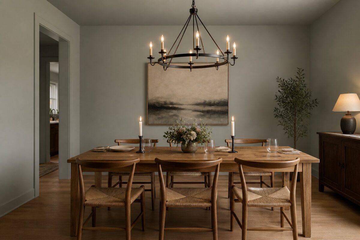 A warm, softly lit dining room with gray-green walls, an oak table, woven chairs, a chandelier, and an abstract painting.