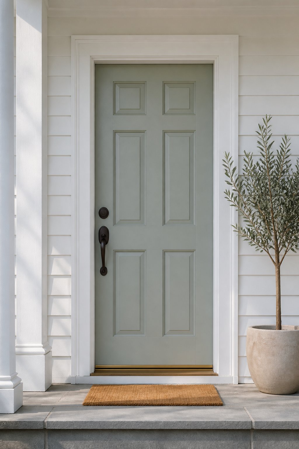 A muted gray-green six-panel front door on a white-clapboard house, with bronze hardware, a doormat, and a potted olive tree.
