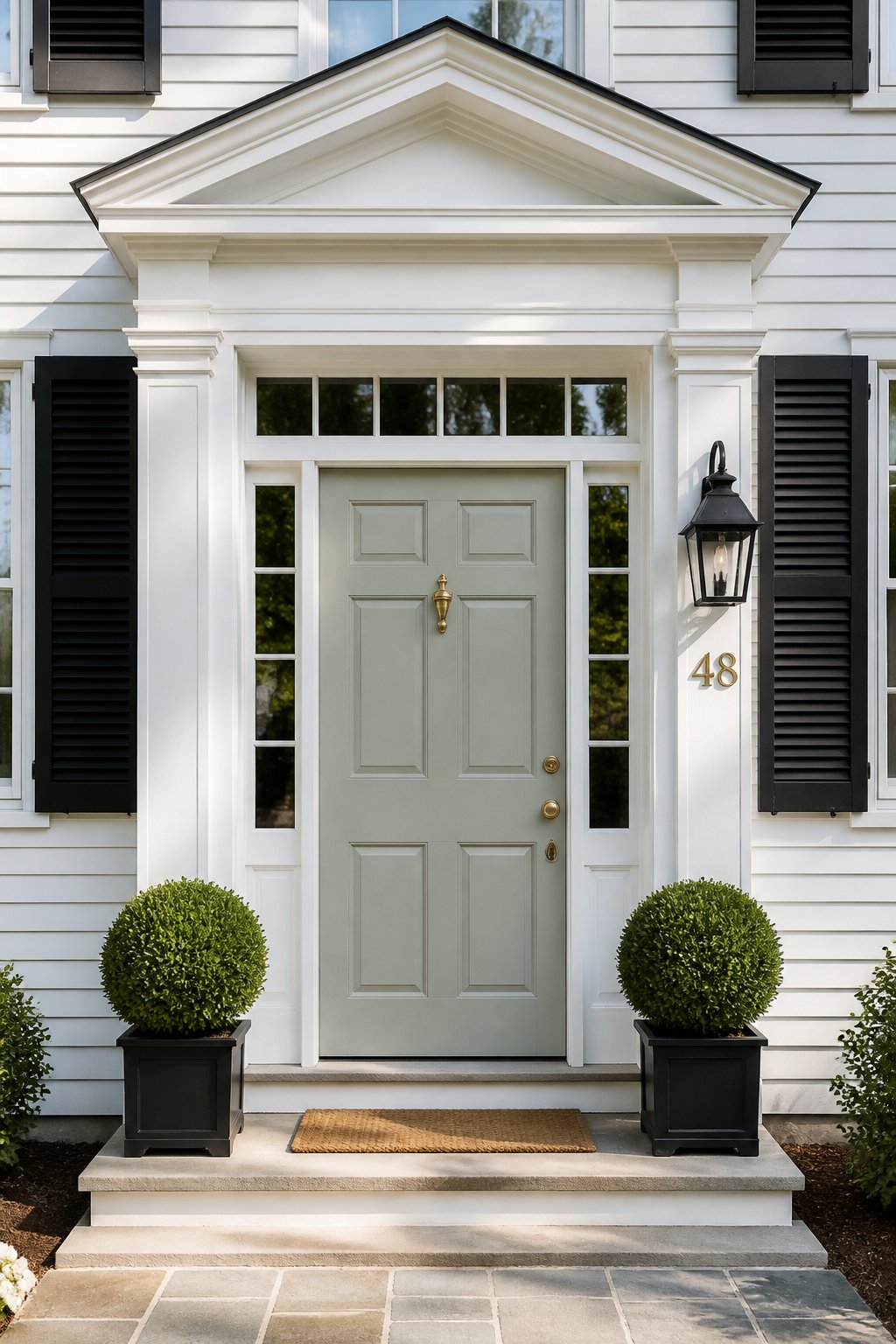 A gray-green paneled front door with white trim, black shutters, a lantern, brass house numbers, a doormat, and two potted boxwood shrubs.
