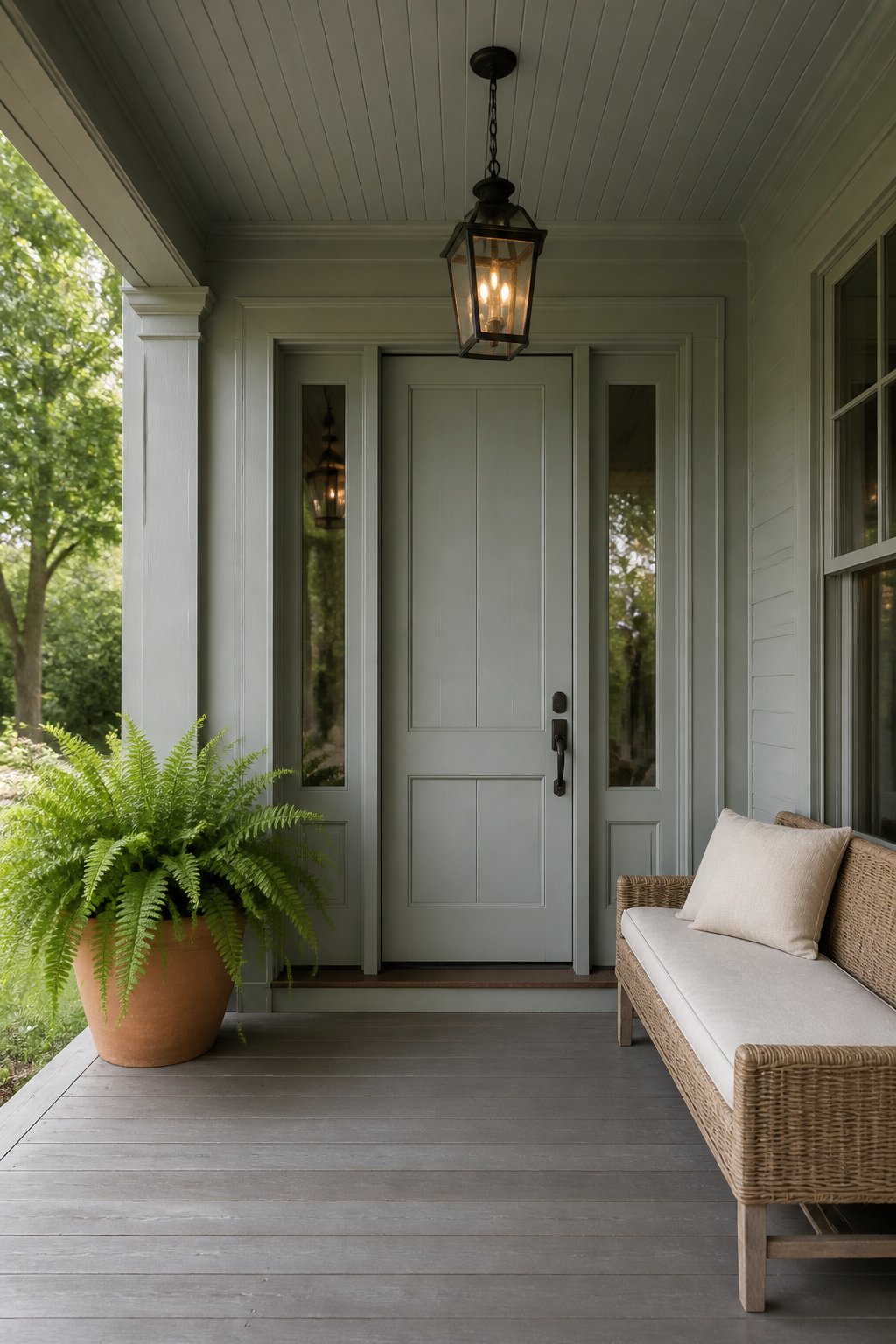 A covered front stoop with a gray-green door and beadboard ceiling, a bench, a hanging lantern, and a terracotta pot of ferns.