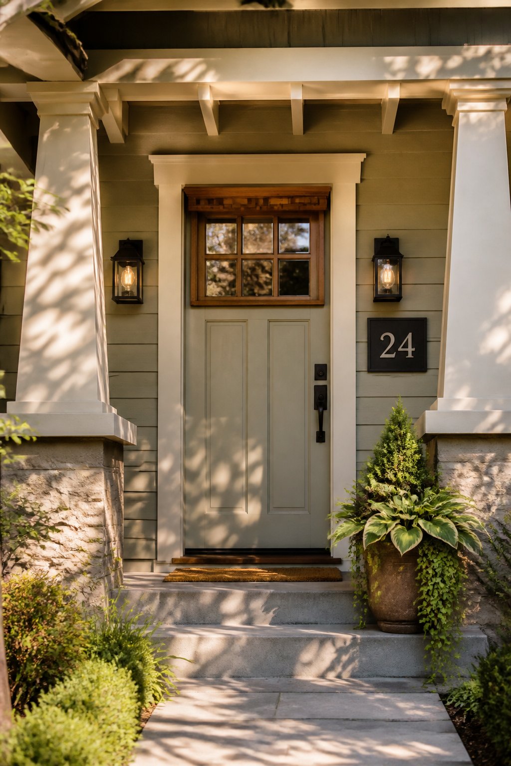 A Craftsman bungalow entrance with a muted gray-green door, wood accents, black lights, a house-number plaque, porch columns, and a leafy planter.