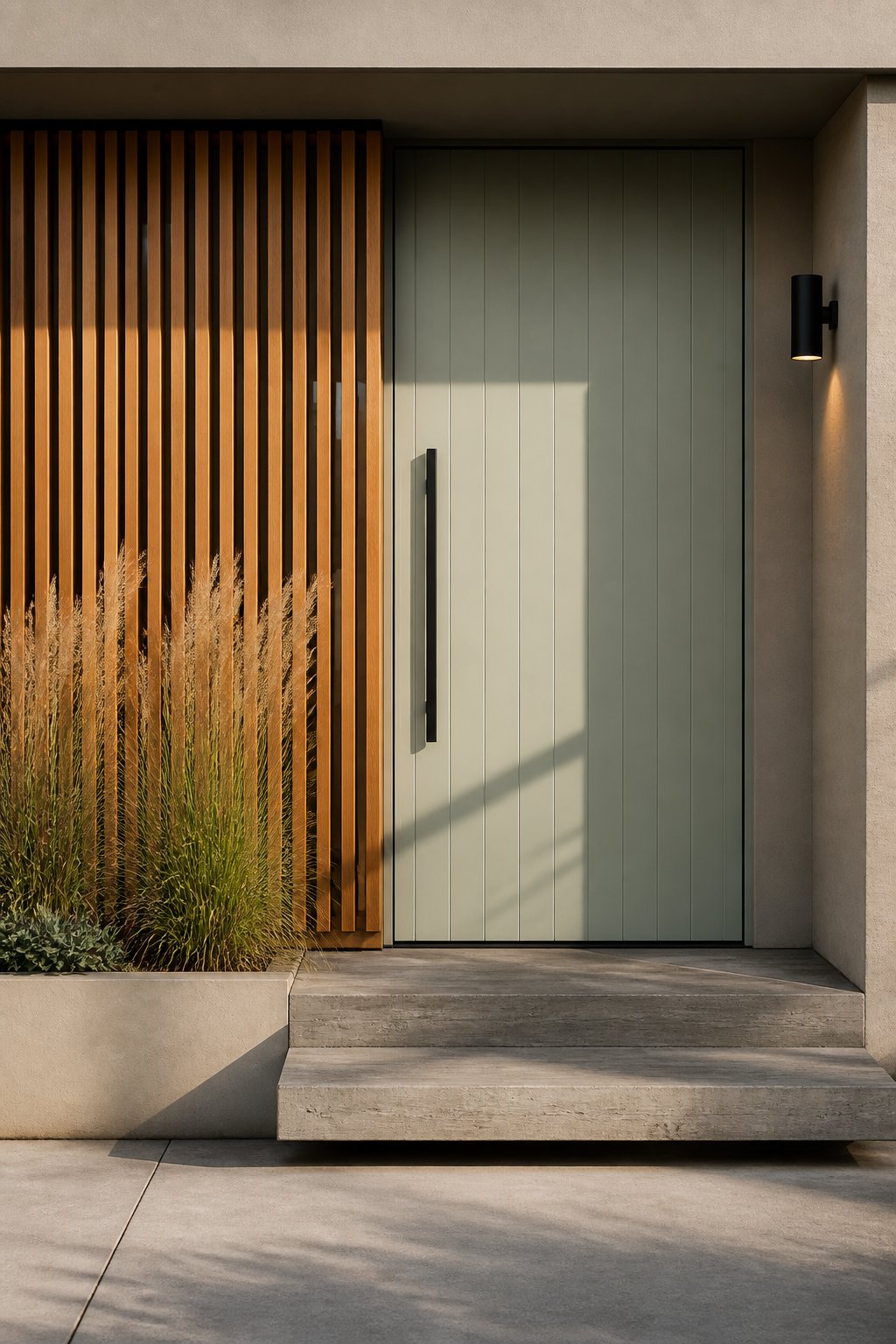 Contemporary home entrance with a muted gray-green front door, cedar privacy screen, concrete step, ornamental grasses, and a black wall light.