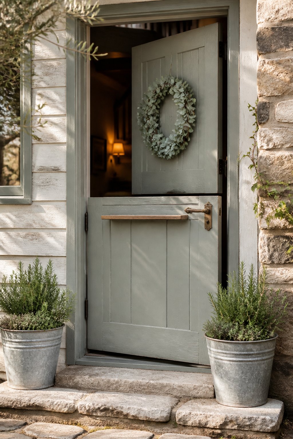 A muted gray-green Dutch door with its upper half open, flanked by herb-filled metal buckets at a cottage entrance.