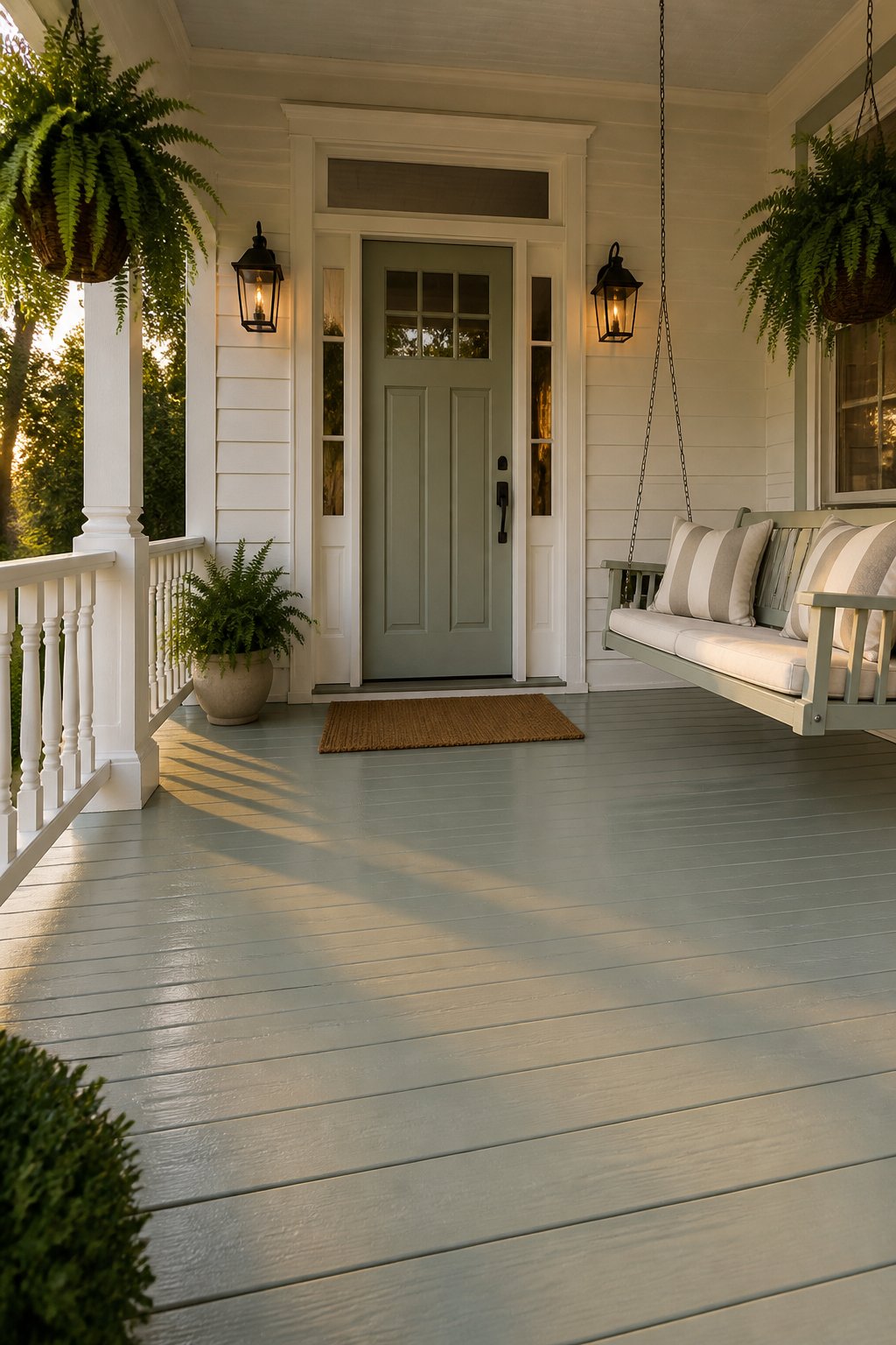 A cottage porch with a muted gray-green front door and floor, white railings, a porch swing, ferns, lanterns, and a coir doormat.