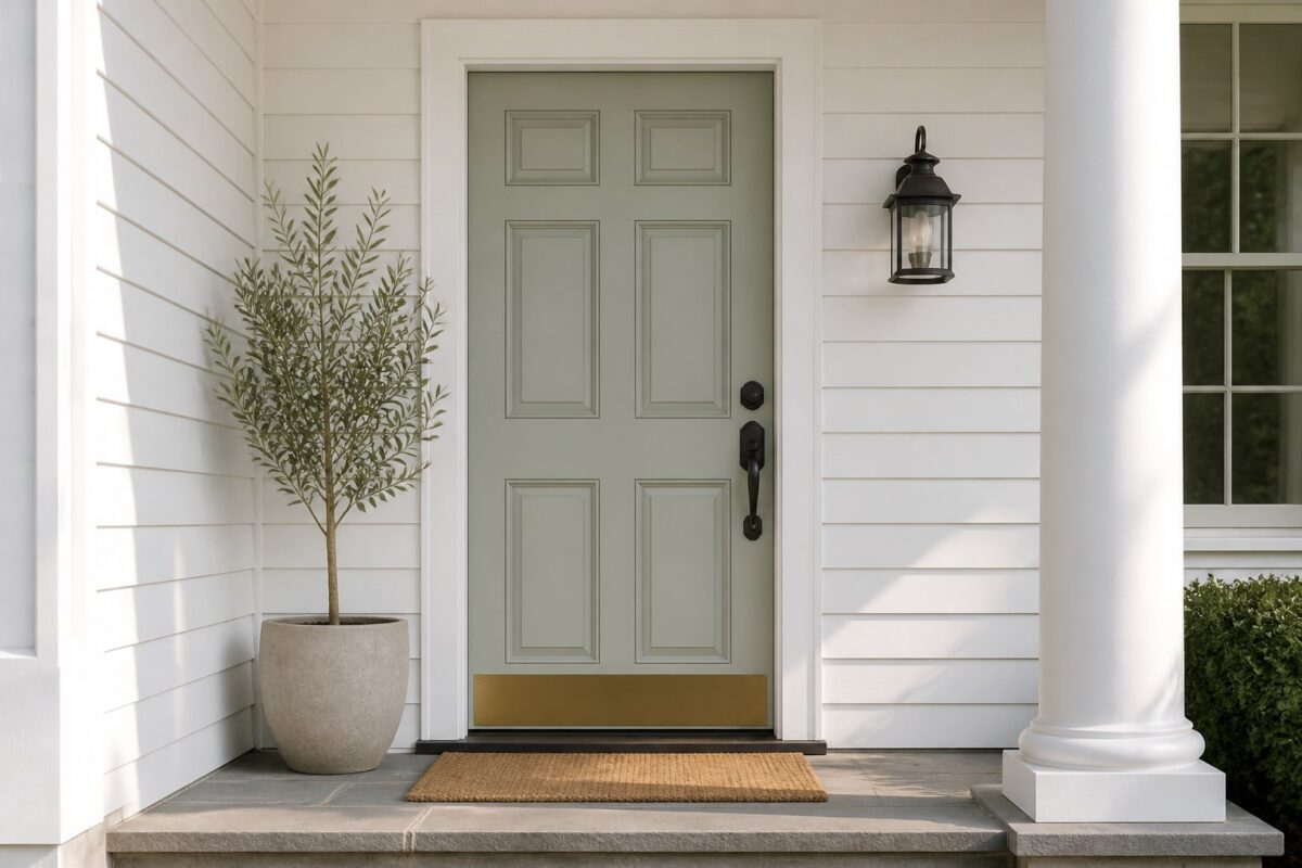 A sage green six-panel front door on a white-clapboard house, with bronze hardware, a doormat, and a potted olive tree.