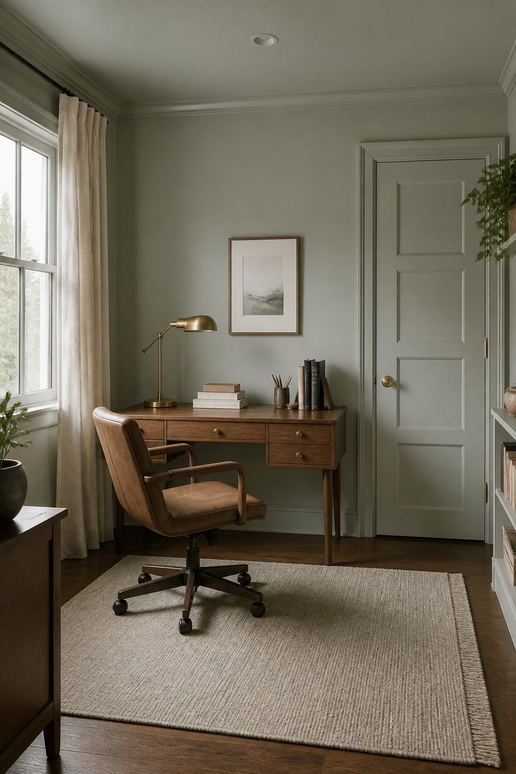 A small home office with gray-green walls, a walnut desk, tan chair, brass lamp, books, rug, and linen curtains.