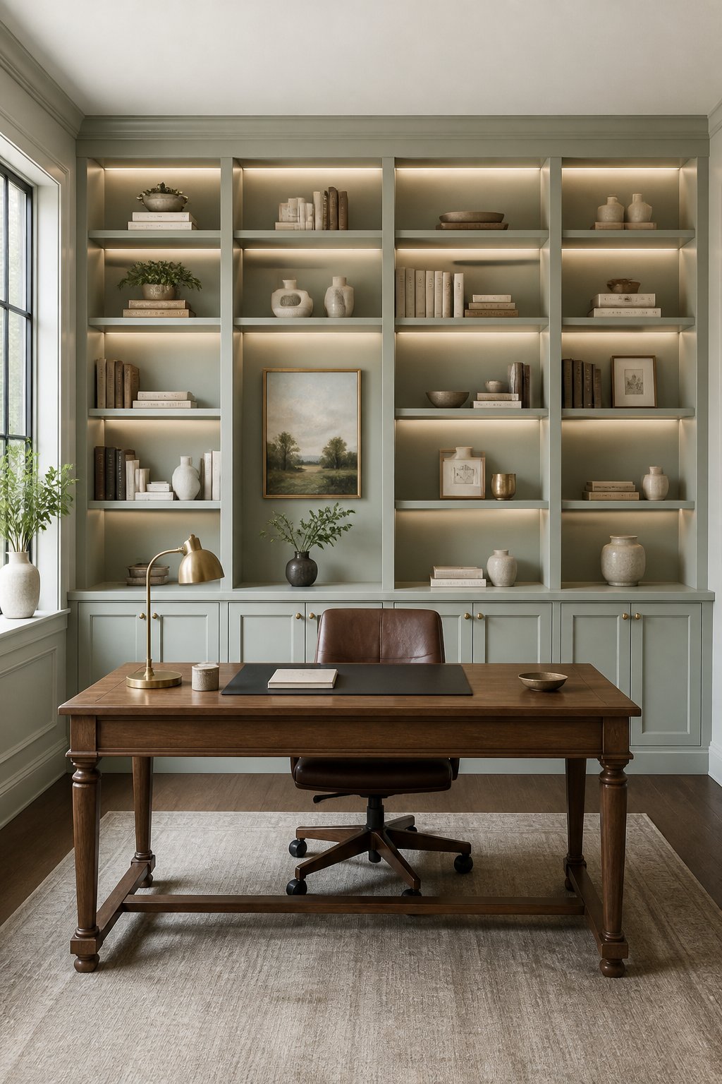 A home office with a gray-green floor-to-ceiling built-in bookcase, books and decor, lower cabinets, a wood desk, and a leather chair.