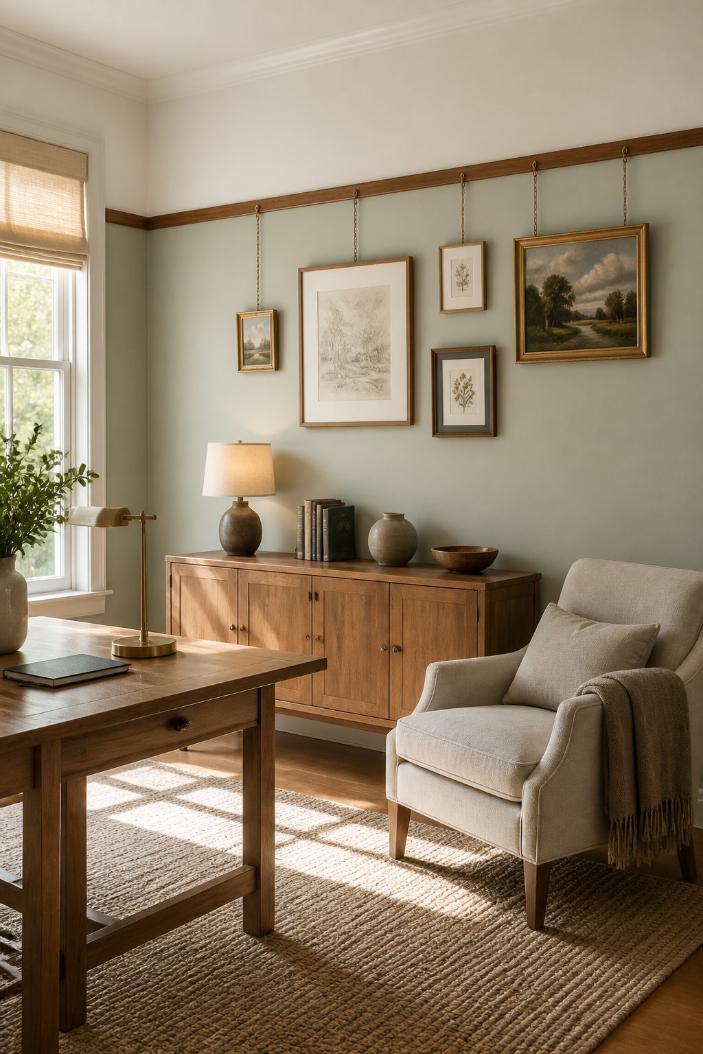 A home office with gray-green walls below a picture rail, framed artwork, a wooden credenza, a lamp, and a reading chair.